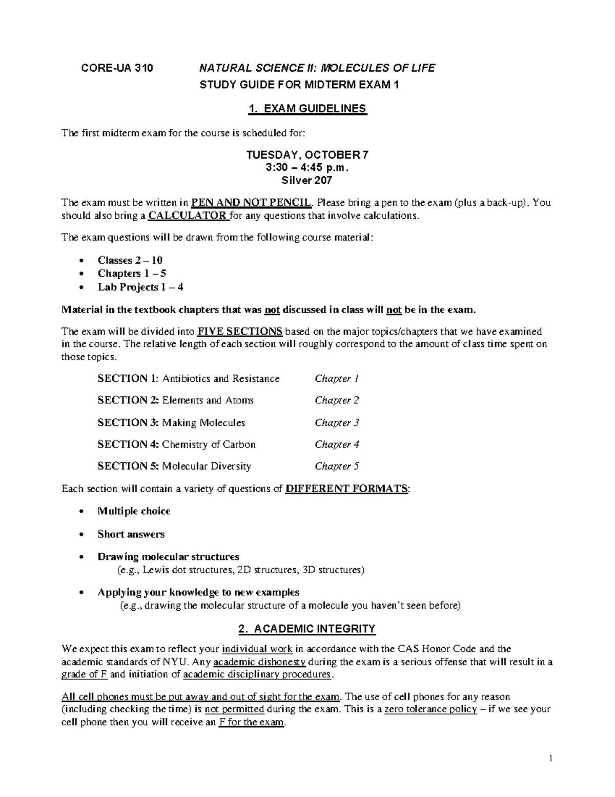 Life Science The Molecules of Life Midterm Study Guide - CORE-UA 310 ...