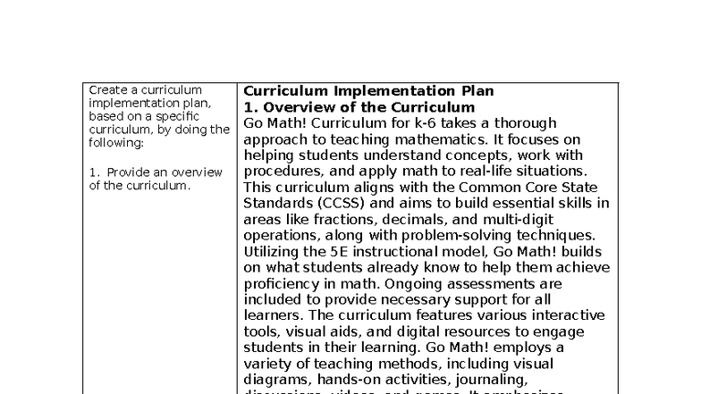 D 631 Task 4 - Go Math! Curriculum Implementation Plan - Studocu
