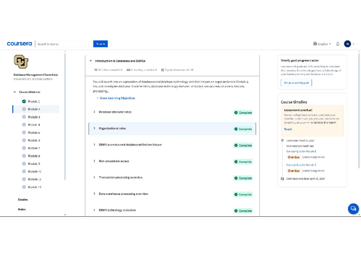 DBMS coursera - course - coursera Search in course Search English H v ...