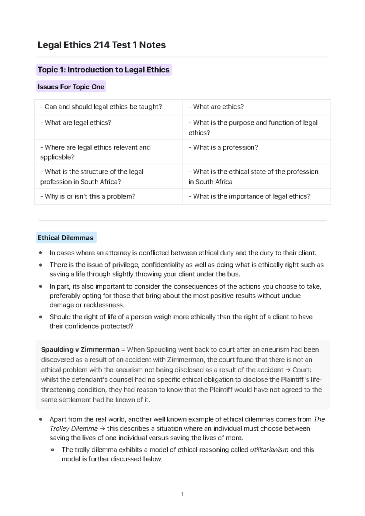 Legal Ethics 214 Test 1 Study Notes on Ethical Principles and Dilemmas ...