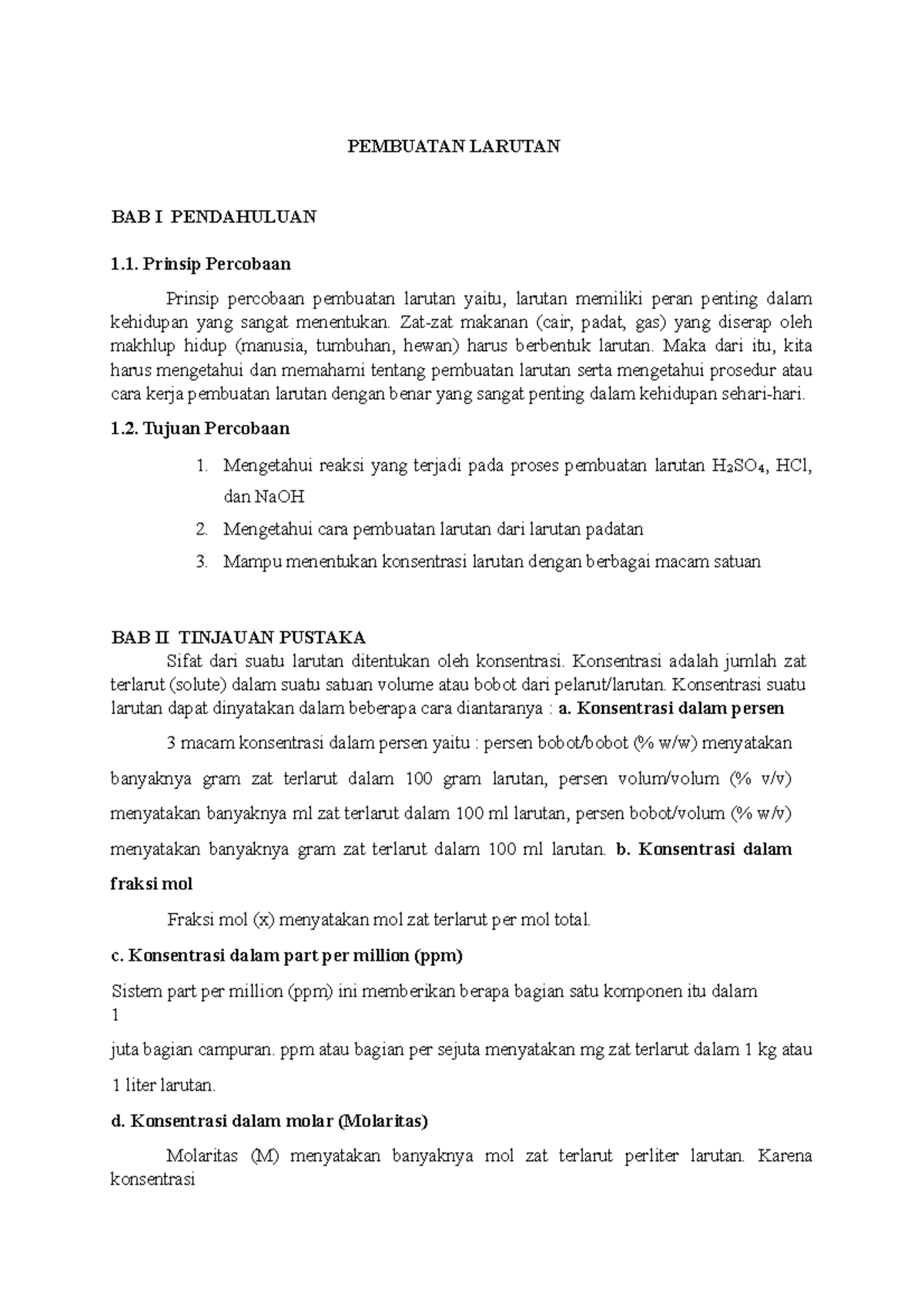 Pembuatan Larutan H2SO4 dan HCl: Praktikum Kimia Dasar - Studocu