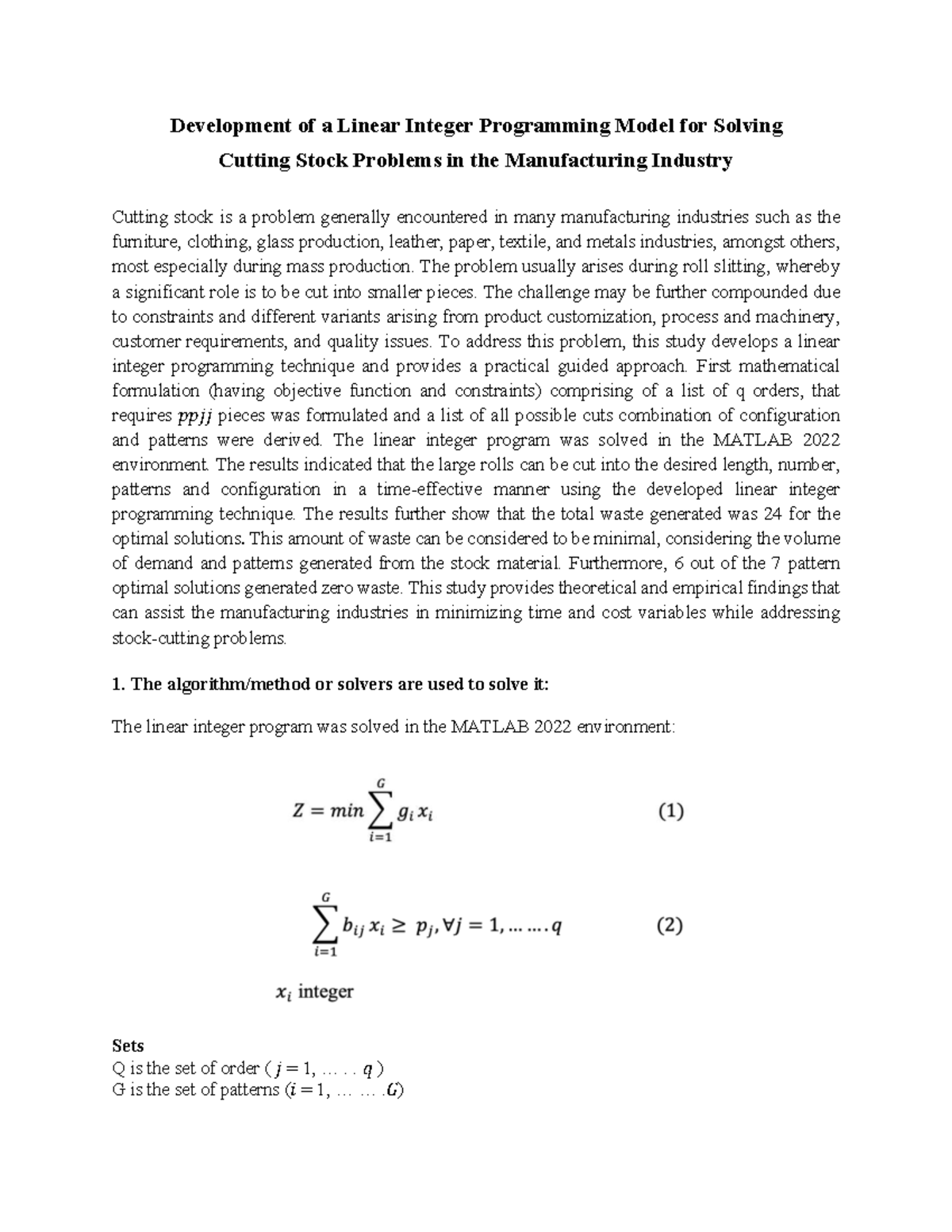 Development of Linear Integer Programming for Cutting Stock Problems ...