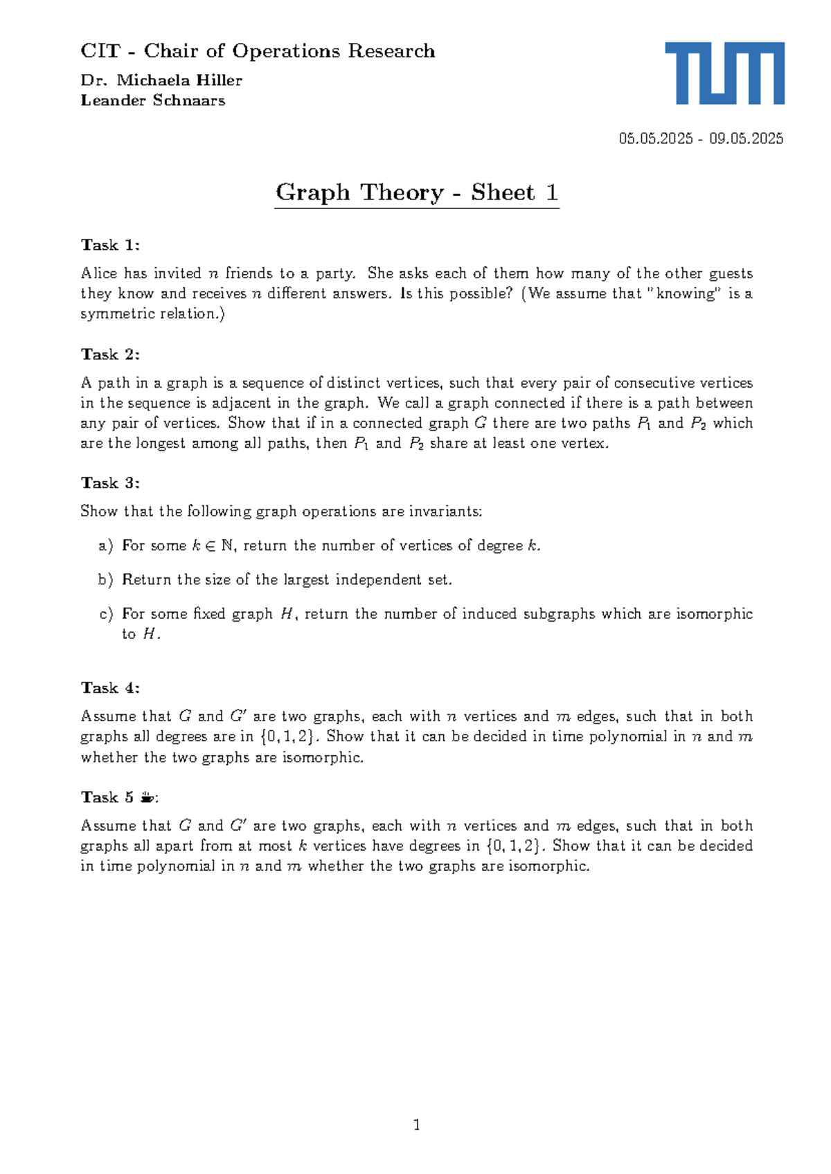 Graph Theory Exercises - Sheet 1 [CIT413051] - Studocu