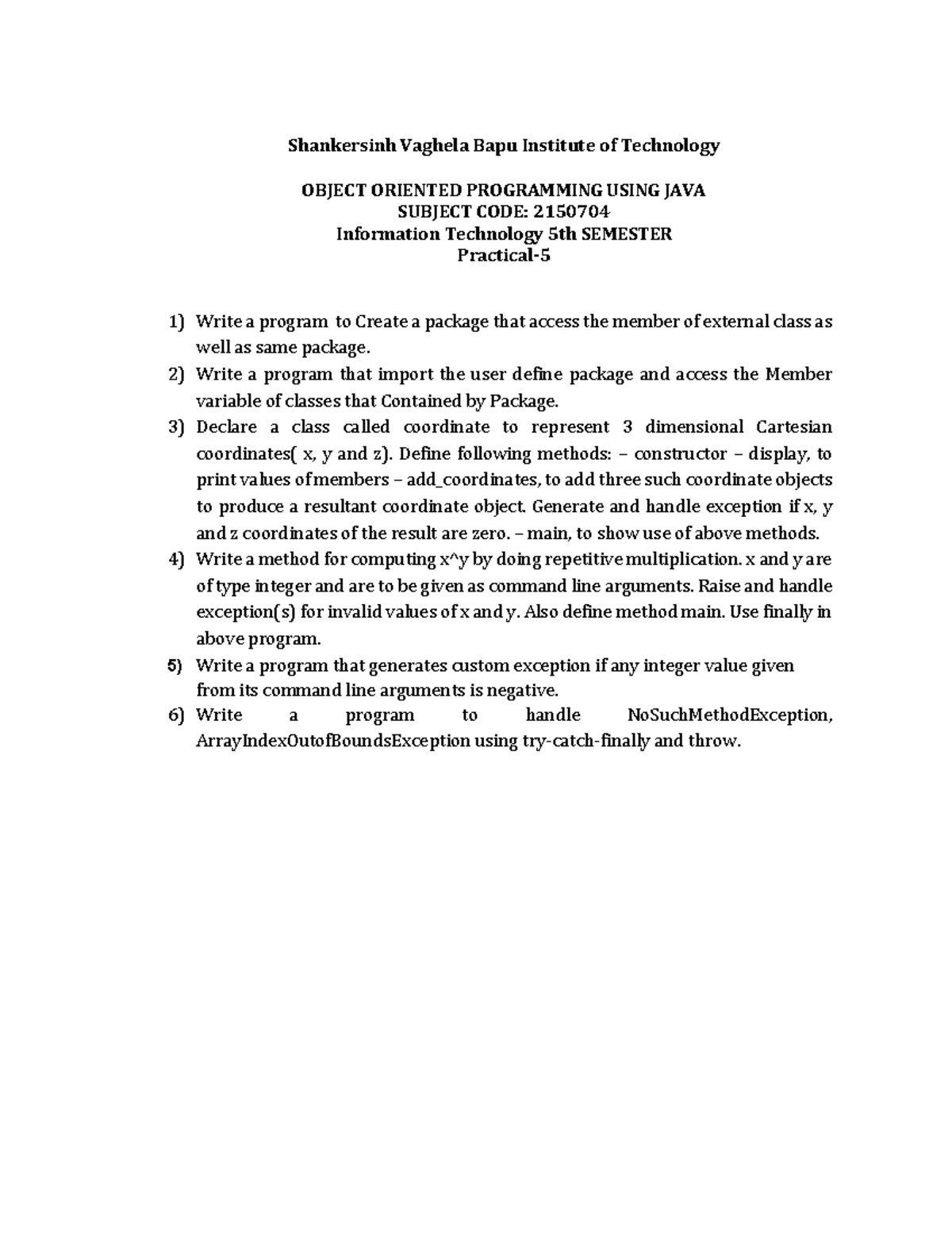 OOP Using Java - Practical 5 (Subject Code: 2150704) - Studocu
