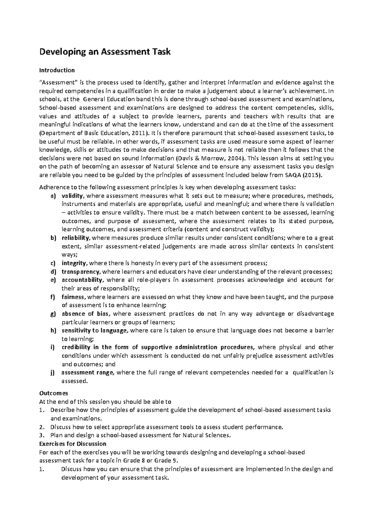 Assessment Lecture: Developing Reliable Assessment Tasks for Natural ...