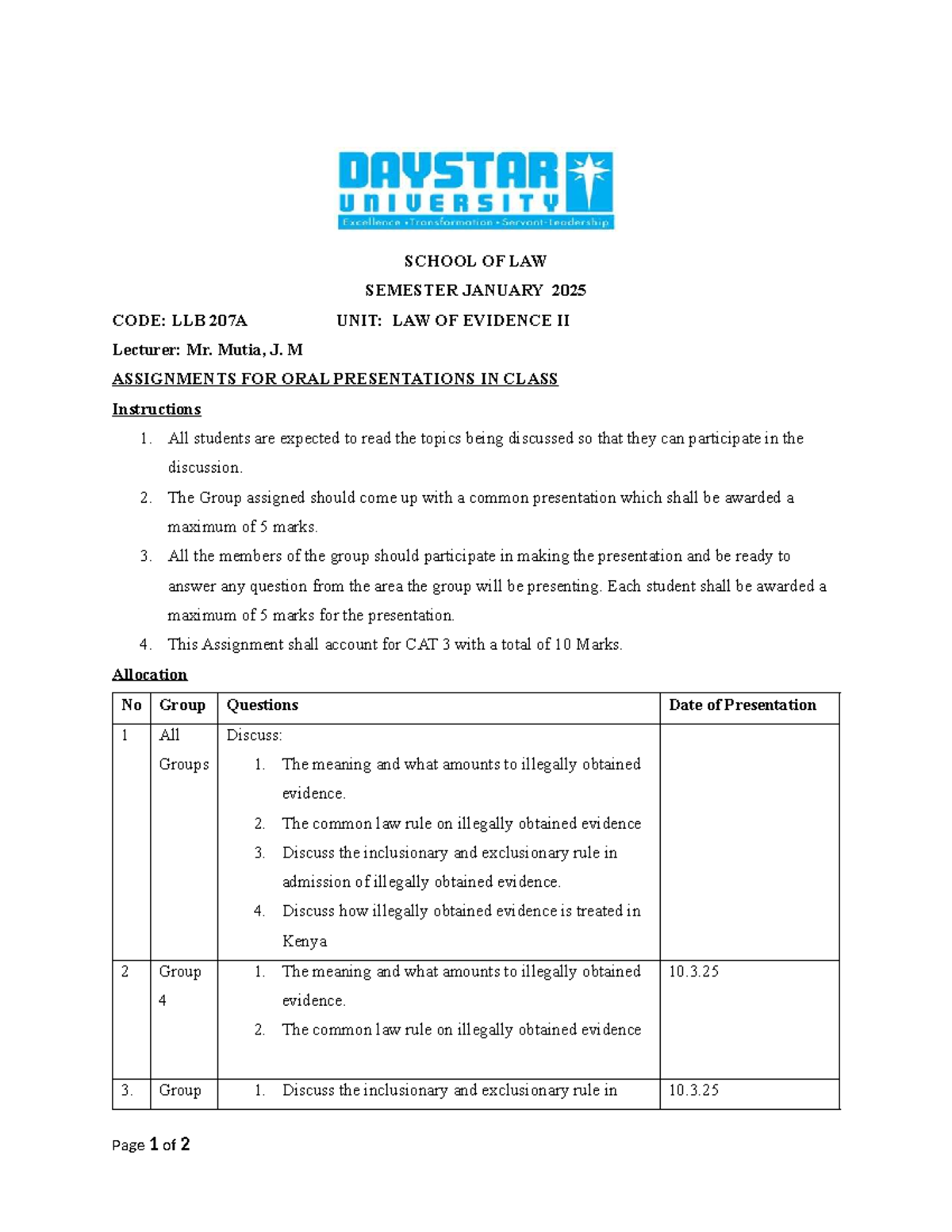 LLB 207A: Oral Presentation Assignments for Law of Evidence II - Studocu
