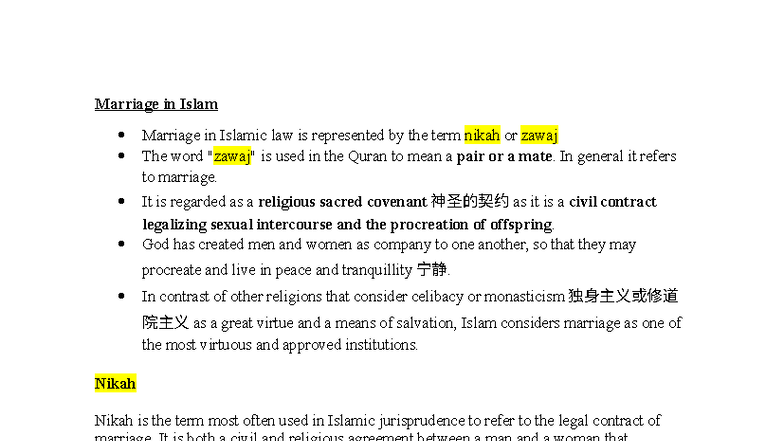 Islamic Marriage: Understanding Nikah and Zawaj in Muslim Law - Studocu