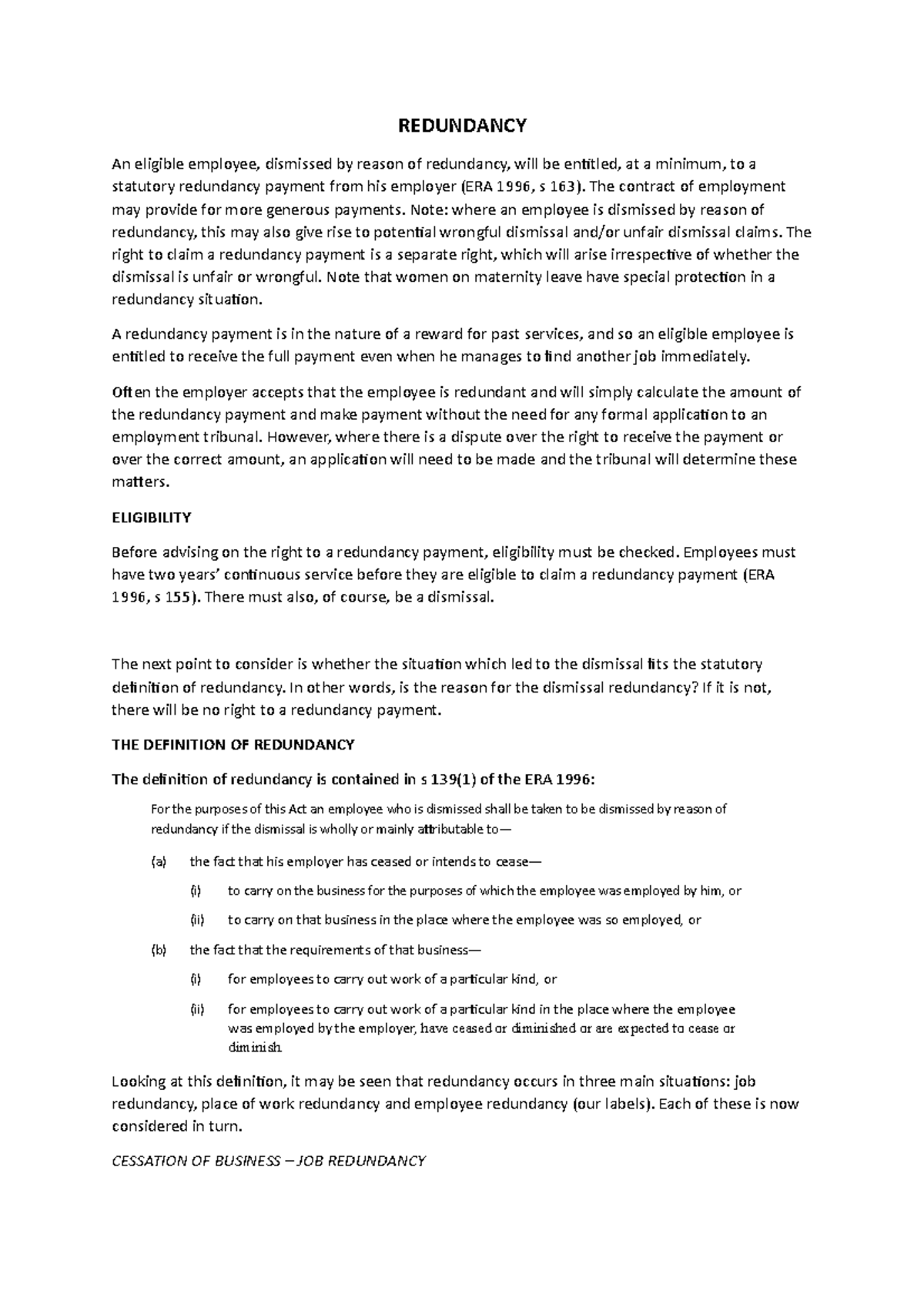 Redundancy Basics - REDUNDANCY An eligible employee, dismissed by ...