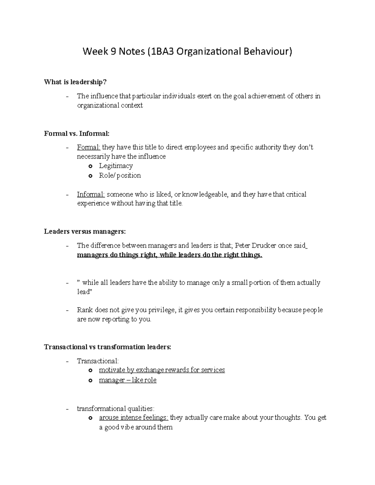 Week 9 Notes on Leadership Theories (1BA3 Organizational Behaviour ...