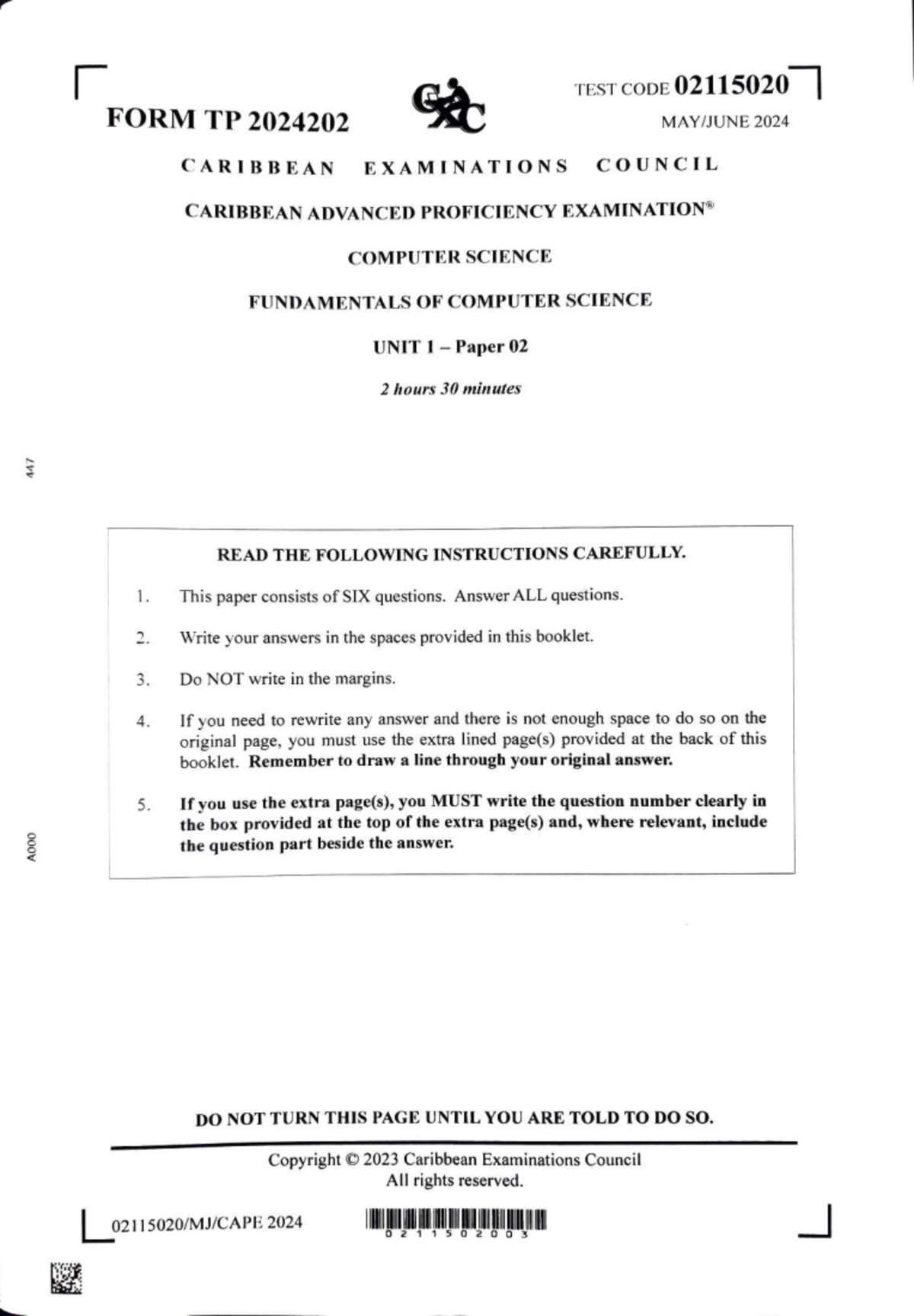 CAPE Computer Science Unit 1 Paper 02 Exam 2024 - Studocu