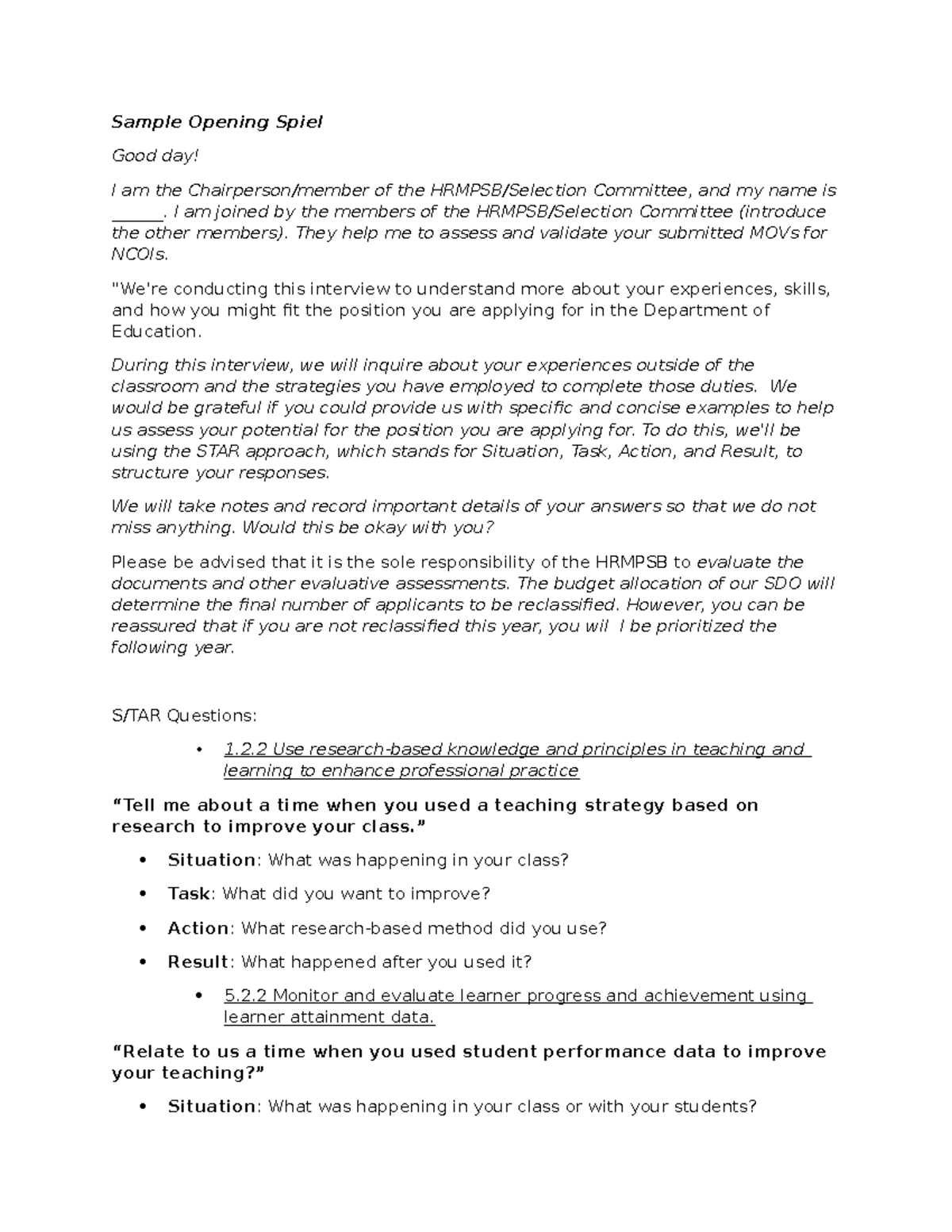Interview Guide for NCOI Committee Assessments - Studocu