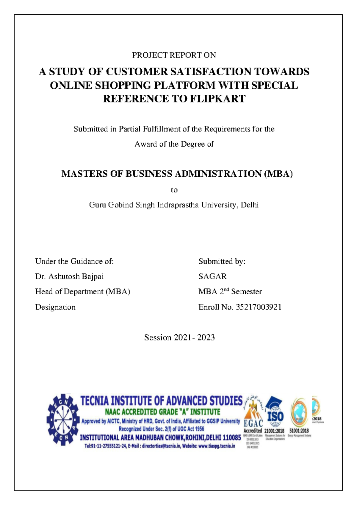 **MBA 2nd Sem Minor Project: Customer Satisfaction of Flipkart e-Store ...