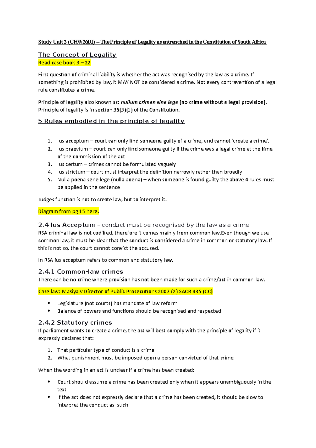 CRW2601 Study Unit 2: The Principle of Legality in South African Law ...