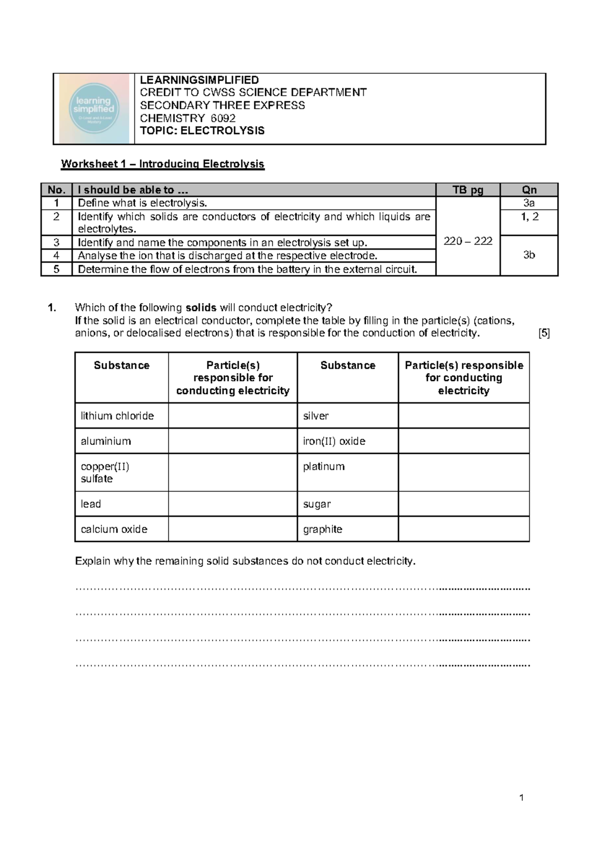 Electrolysis Worksheet 1: Understanding Conductors & Electrolytes ...
