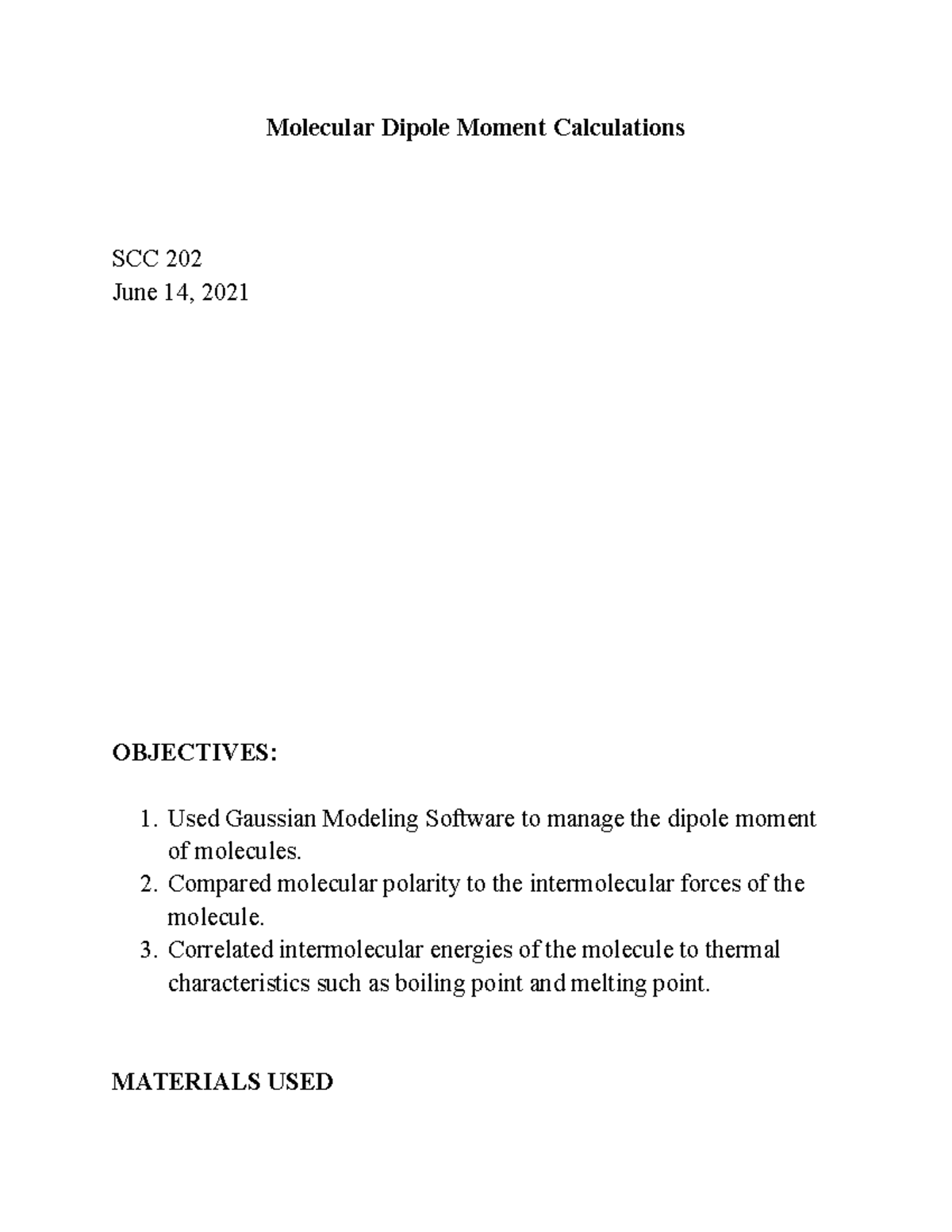SCC 202 Lab Report 1: Calculating Molecular Dipole Moments - Studocu