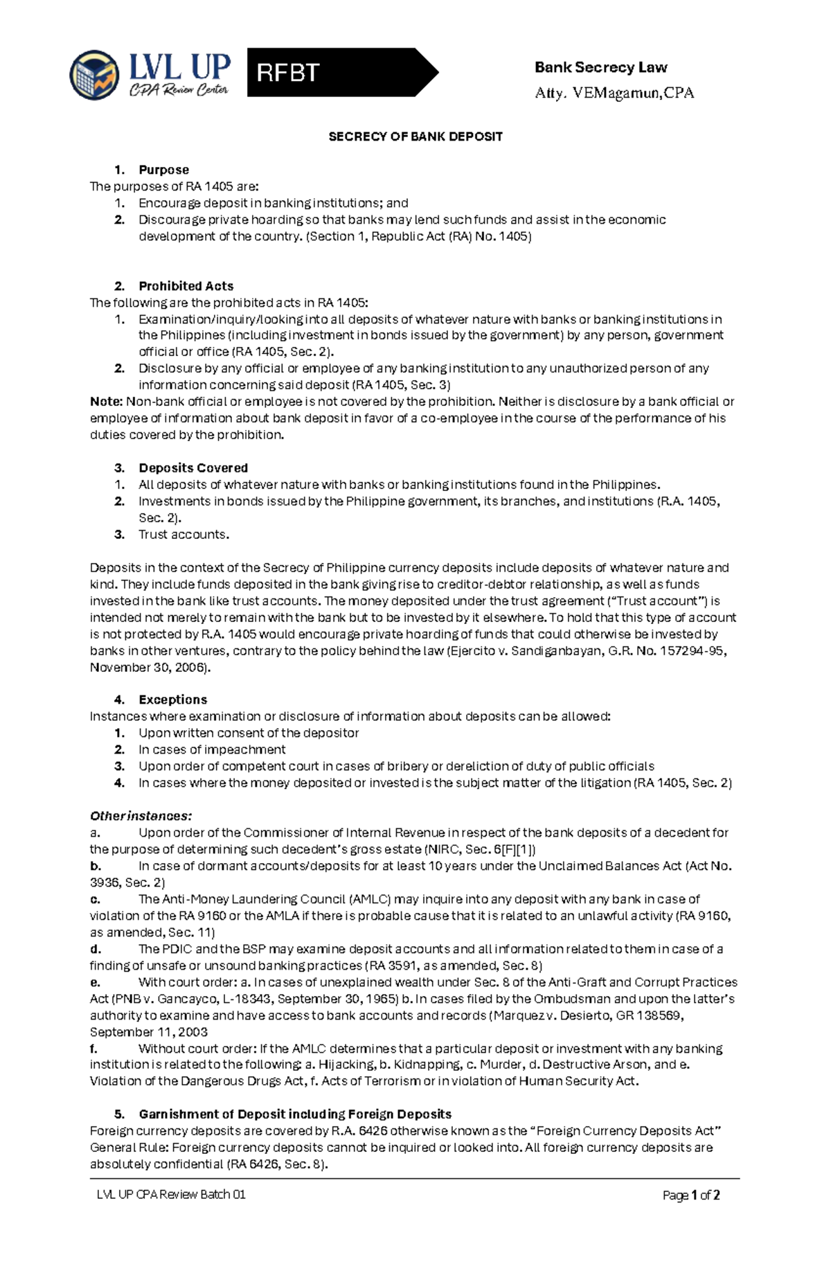 Bank Secrecy Law Overview: RA 1405 & Key Provisions - Studocu