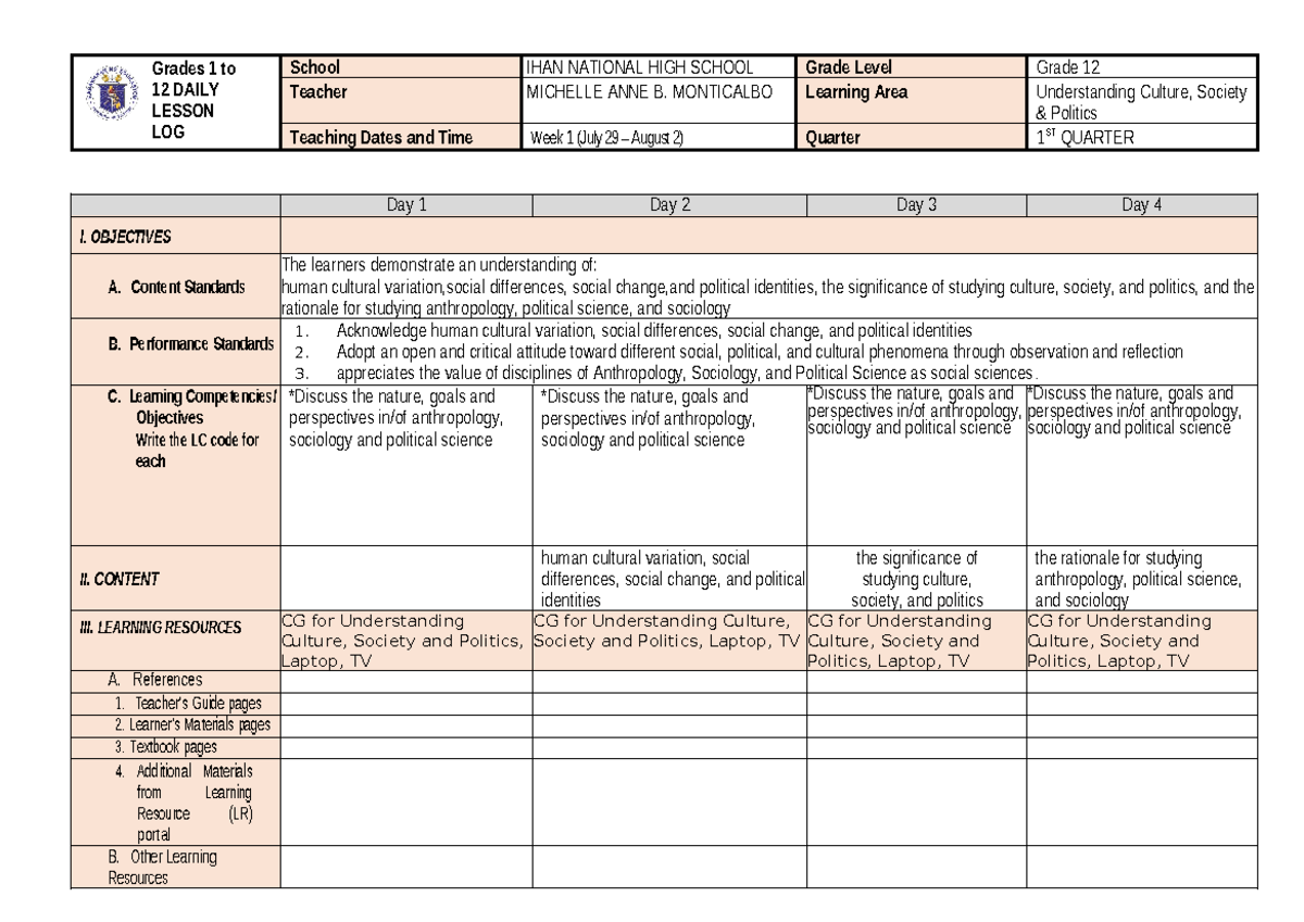 UCSP DLL Week 1 Lesson Log - Understanding Culture, Society & Politics ...