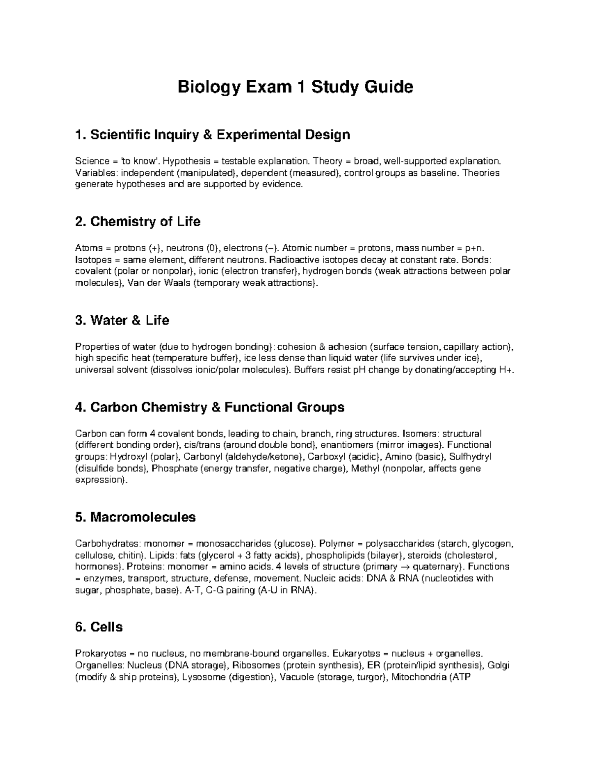 Bio 101 Exam 1 Study Guide: Key Concepts in Biology - Studocu