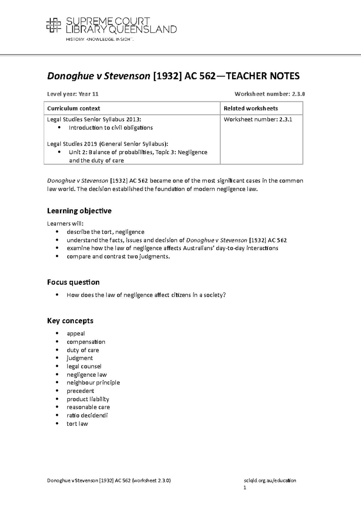 Donoghue v Stevenson Worksheet - Biosafety Law - Studocu