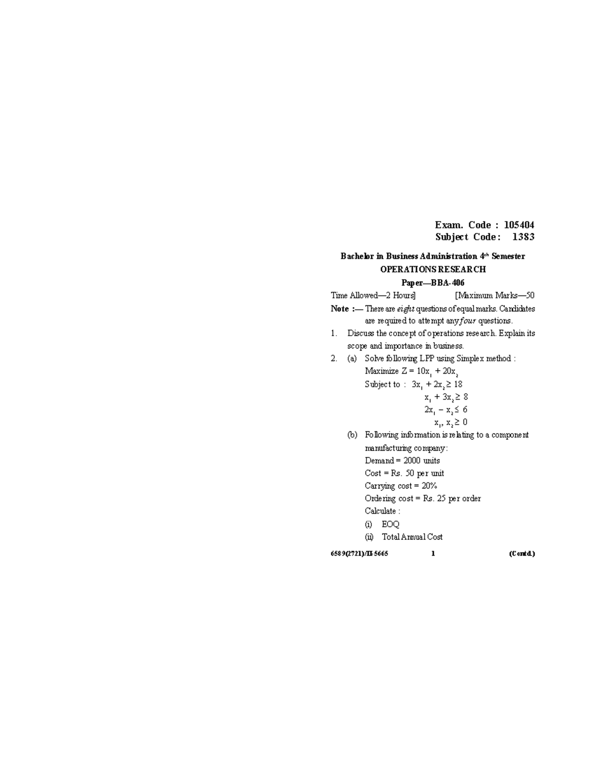 BBA 4th Sem 2021 - Operations Research Exam Paper Analysis - Studocu