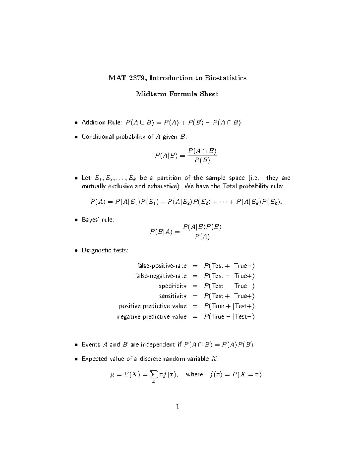MAT 2379 Midterm Formula Sheet: Key Concepts for Success - Studocu