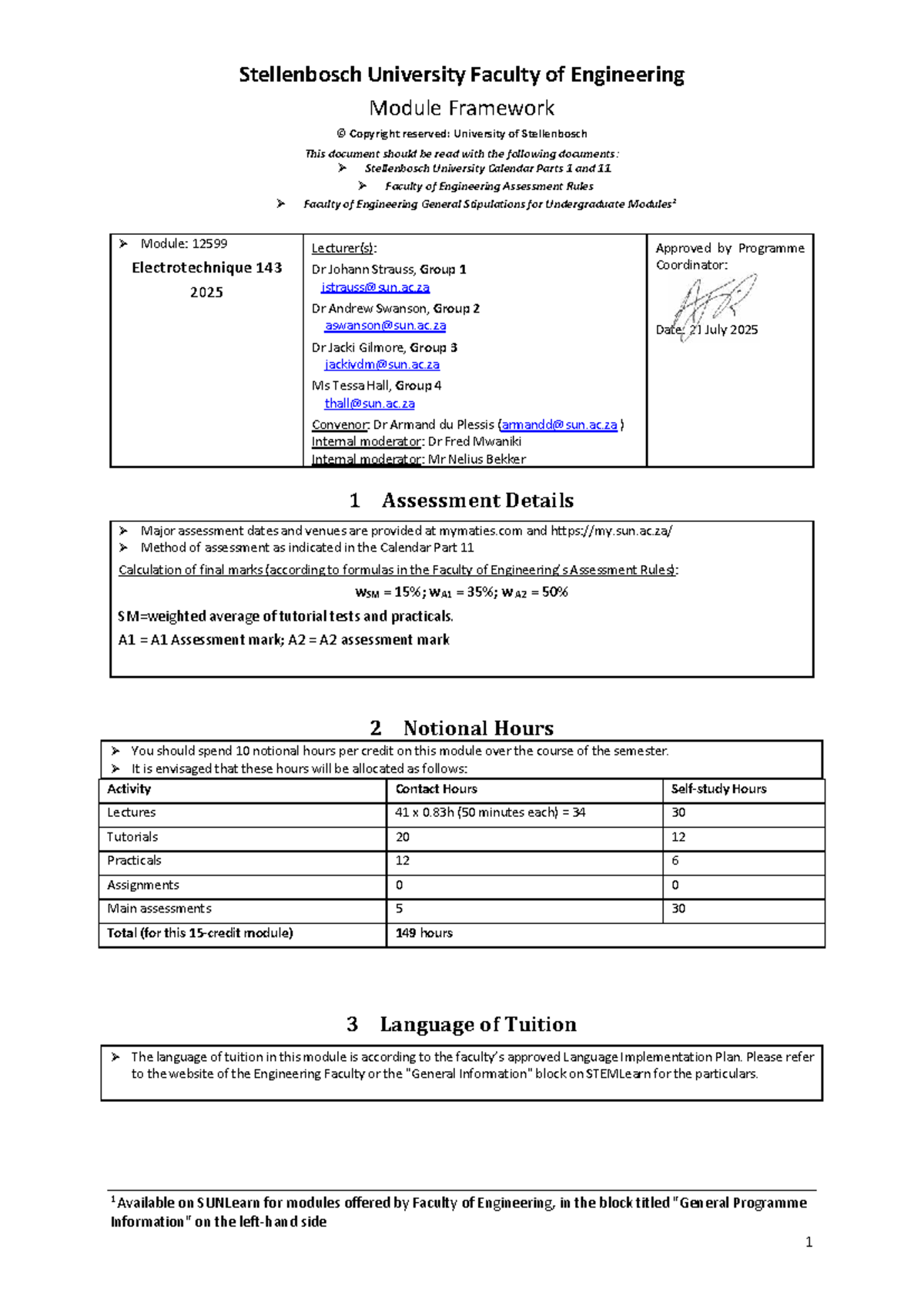 Electrotechnique 143 2025 Module Framework - Stellenbosch University ...