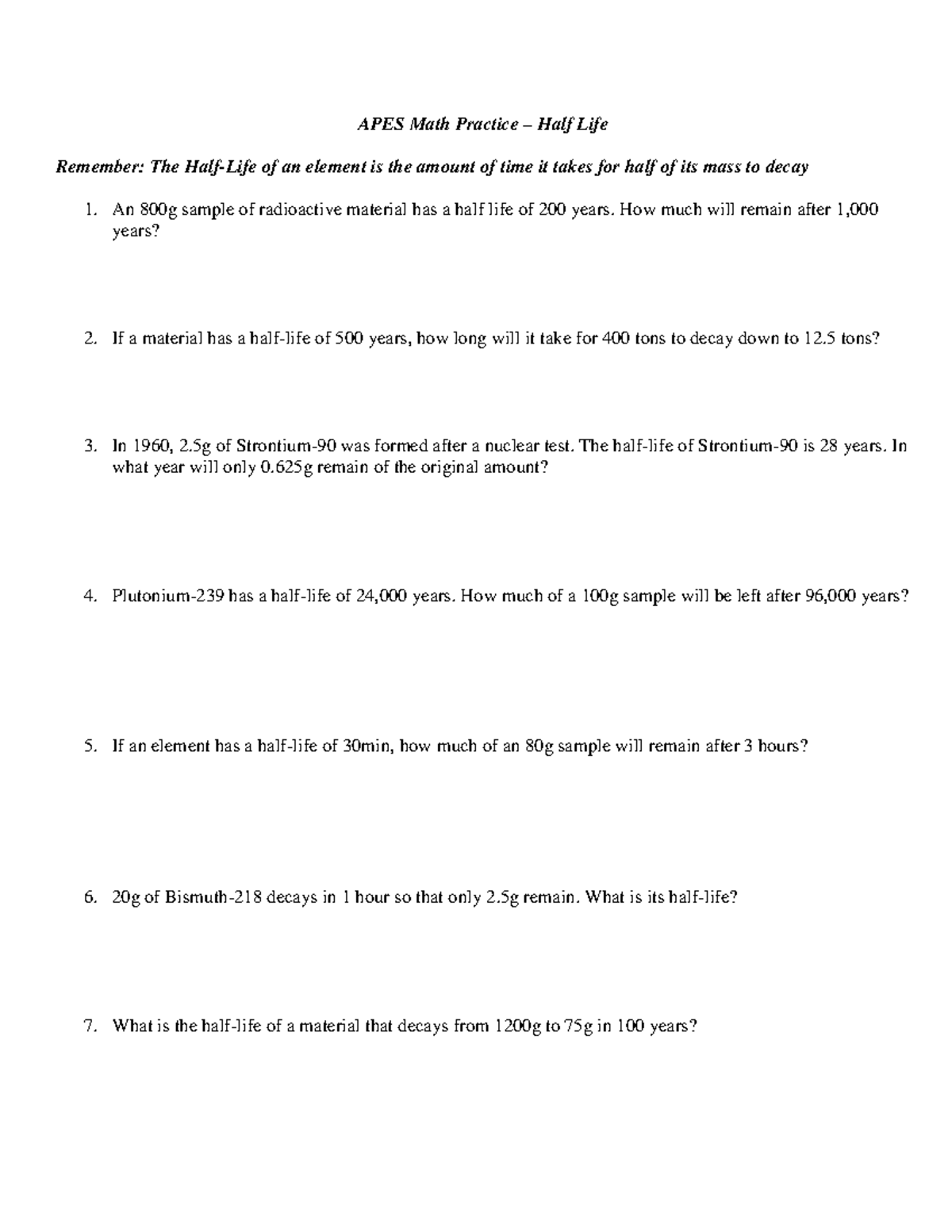 APES Math Practice: Half-Life Calculations and Examples - Studocu