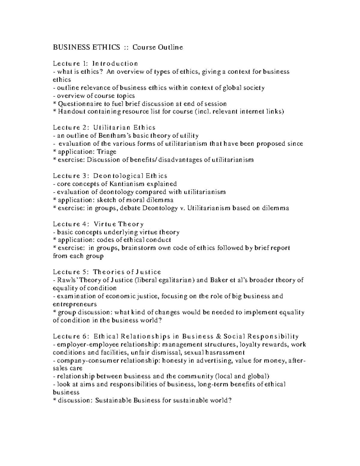 Course Outline for Business Ethics (BUS ETH 101) - Studocu