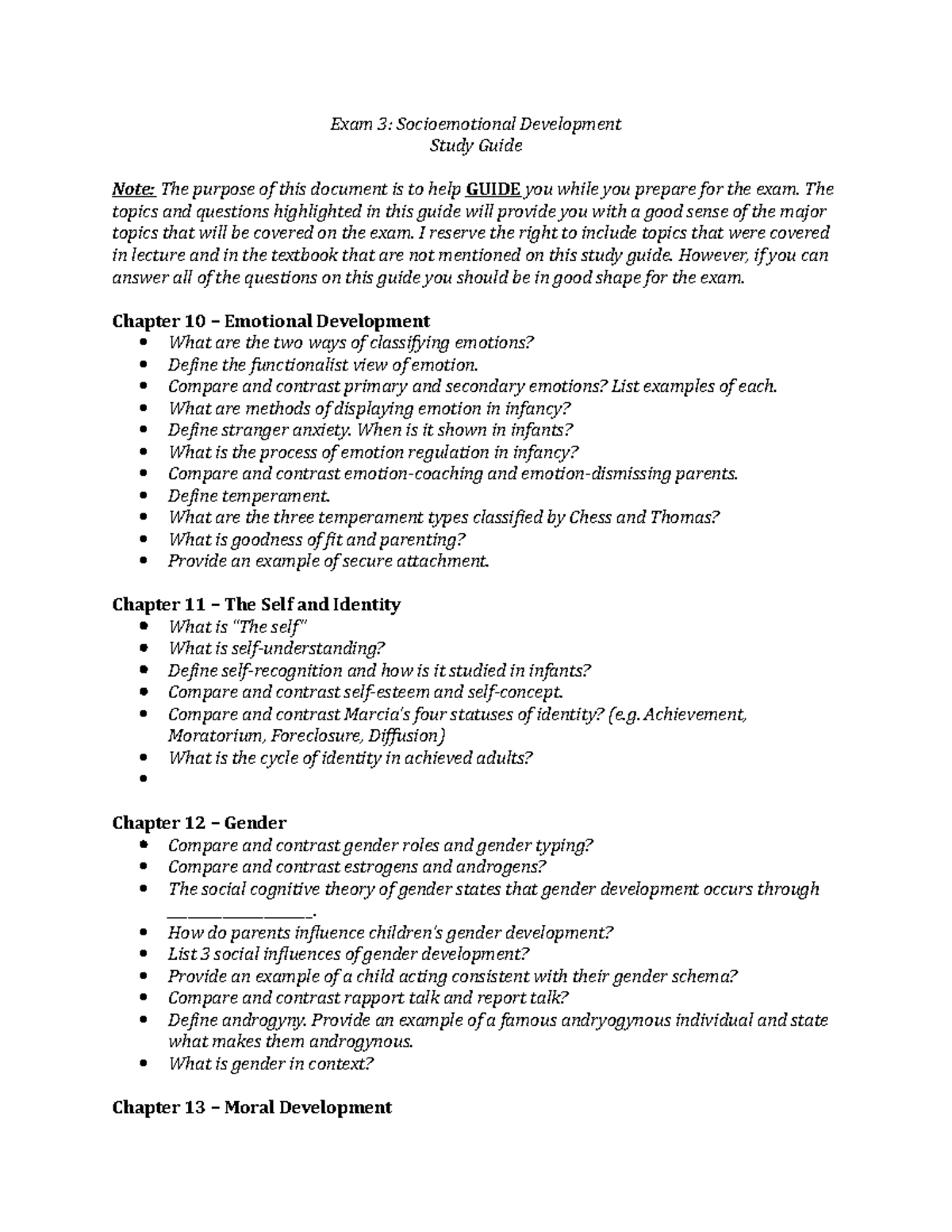 Exam 3 Study Guide - Socioemotional Development in Child Psych - Studocu
