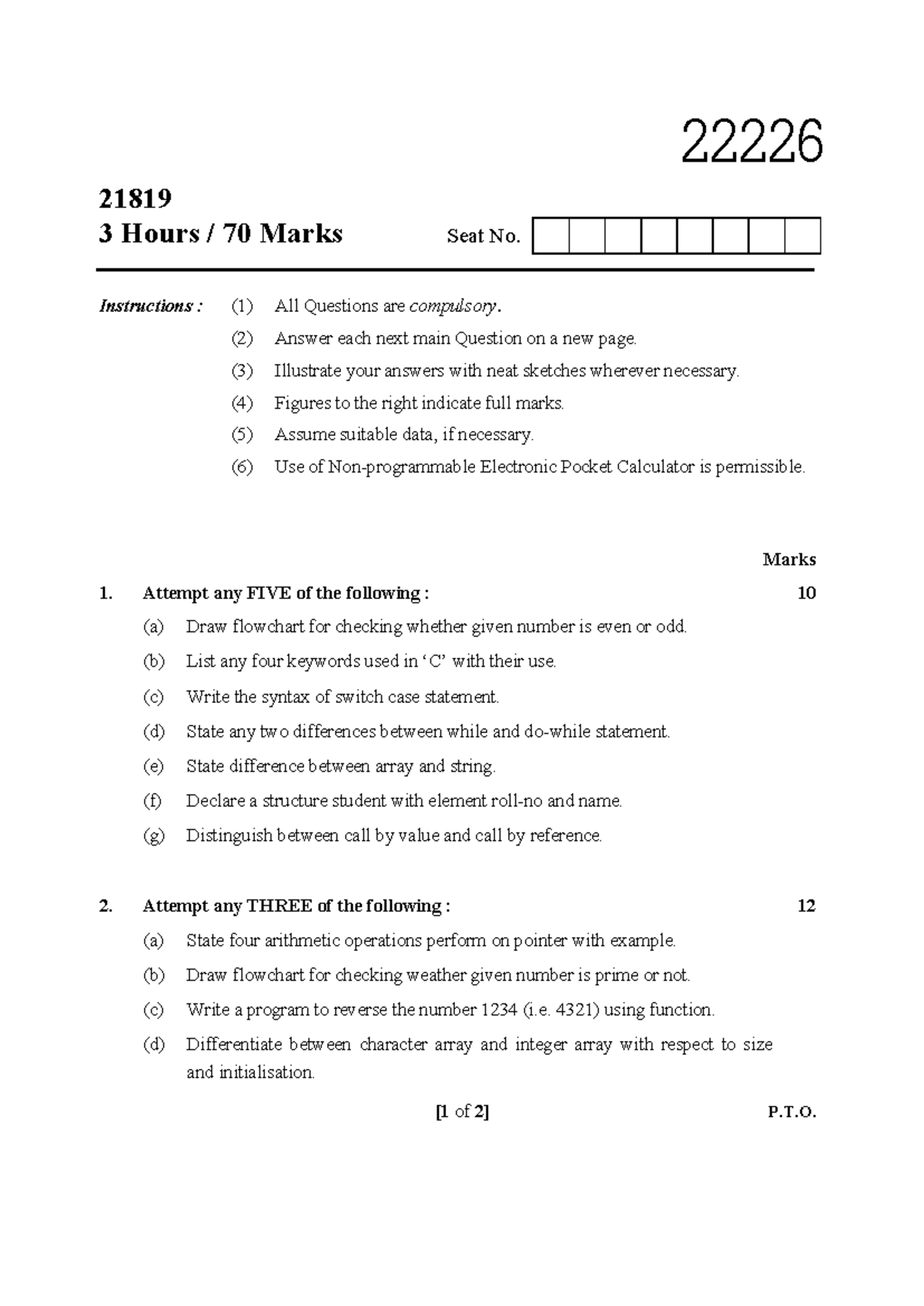 22226 ( c programme) paper summer - 22226 [1 of 2] P.T. 21819 3 Hours ...