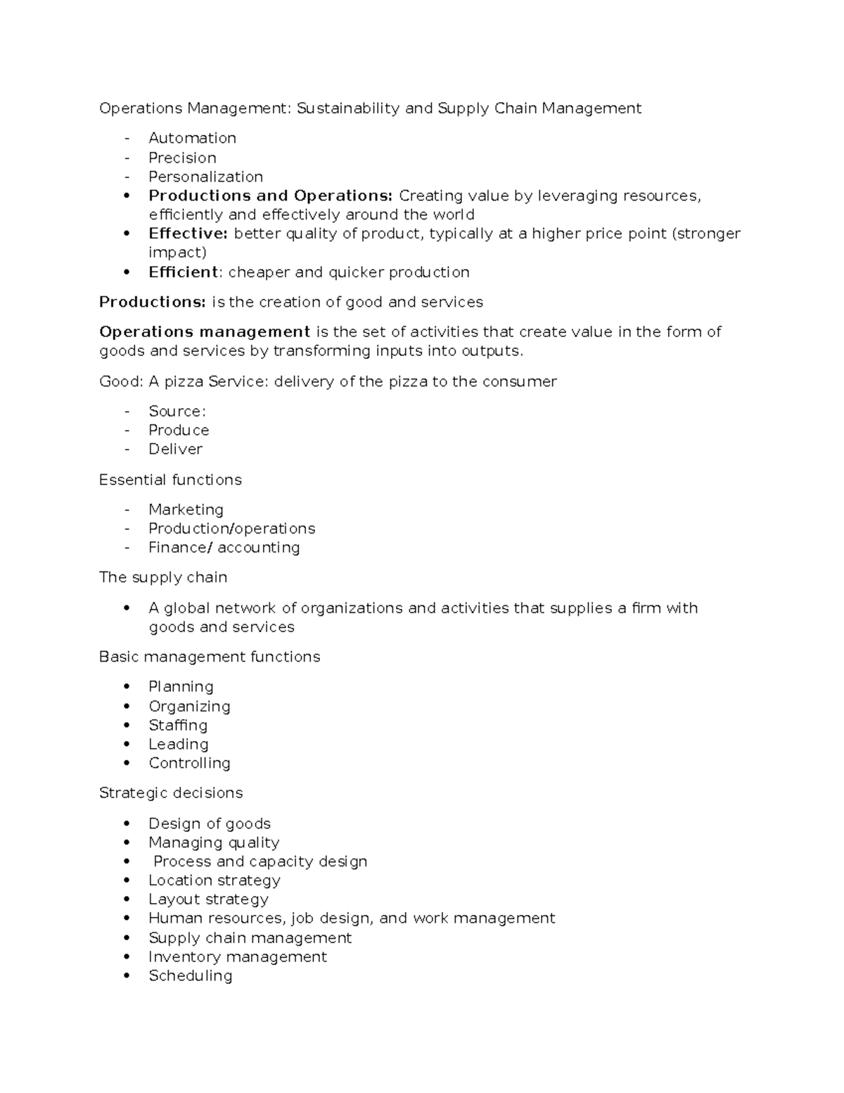 OPM 101: Production and Operations Management Overview Notes - Studocu