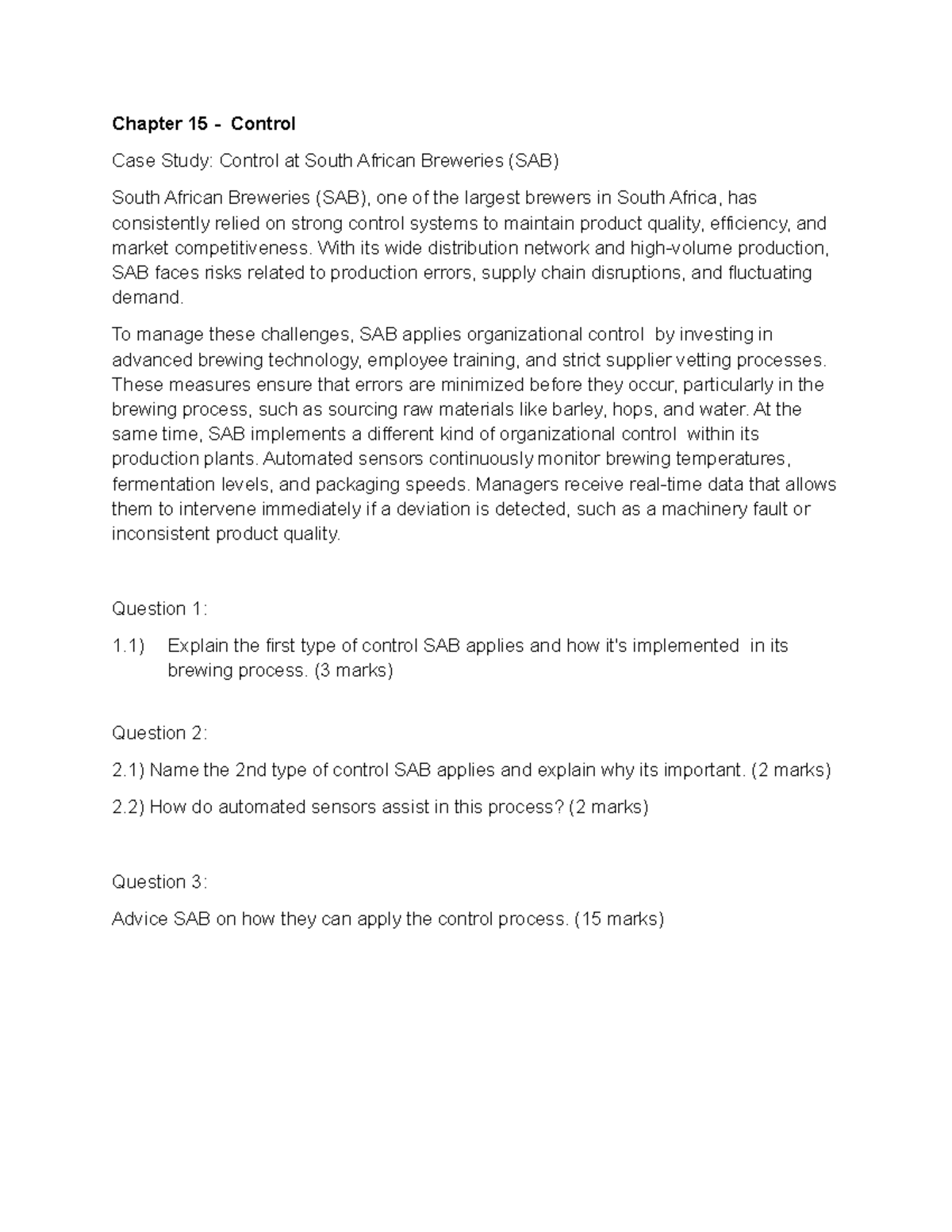 Chapter 15 Control Case Study: SAB's Quality Management Systems - Studocu