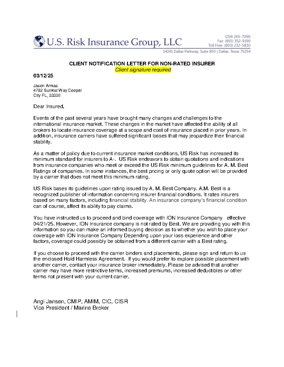 Carrier- Insurer-WITH-NO- Rating-filled-out11- 2 - CLIENT NOTIFICATION ...