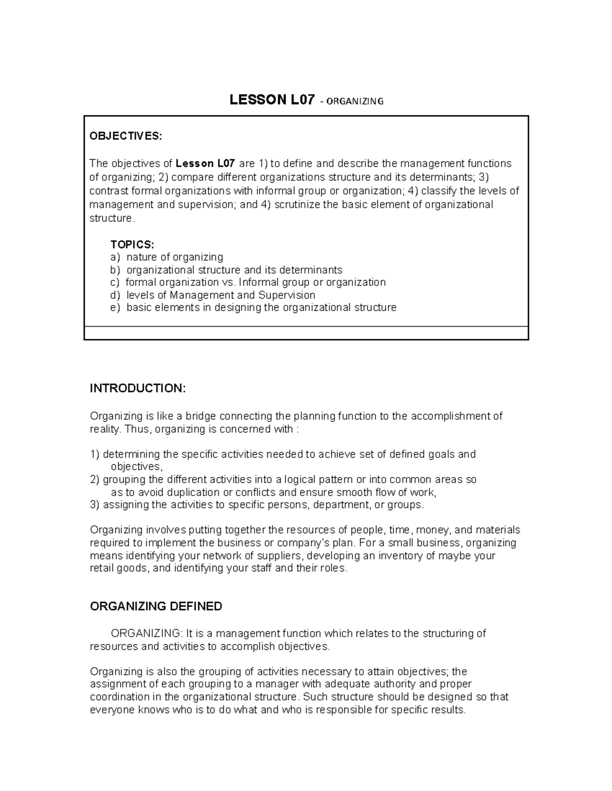Lesson 7 Organization and Management - LESSON L07 - ORGANIZING ...
