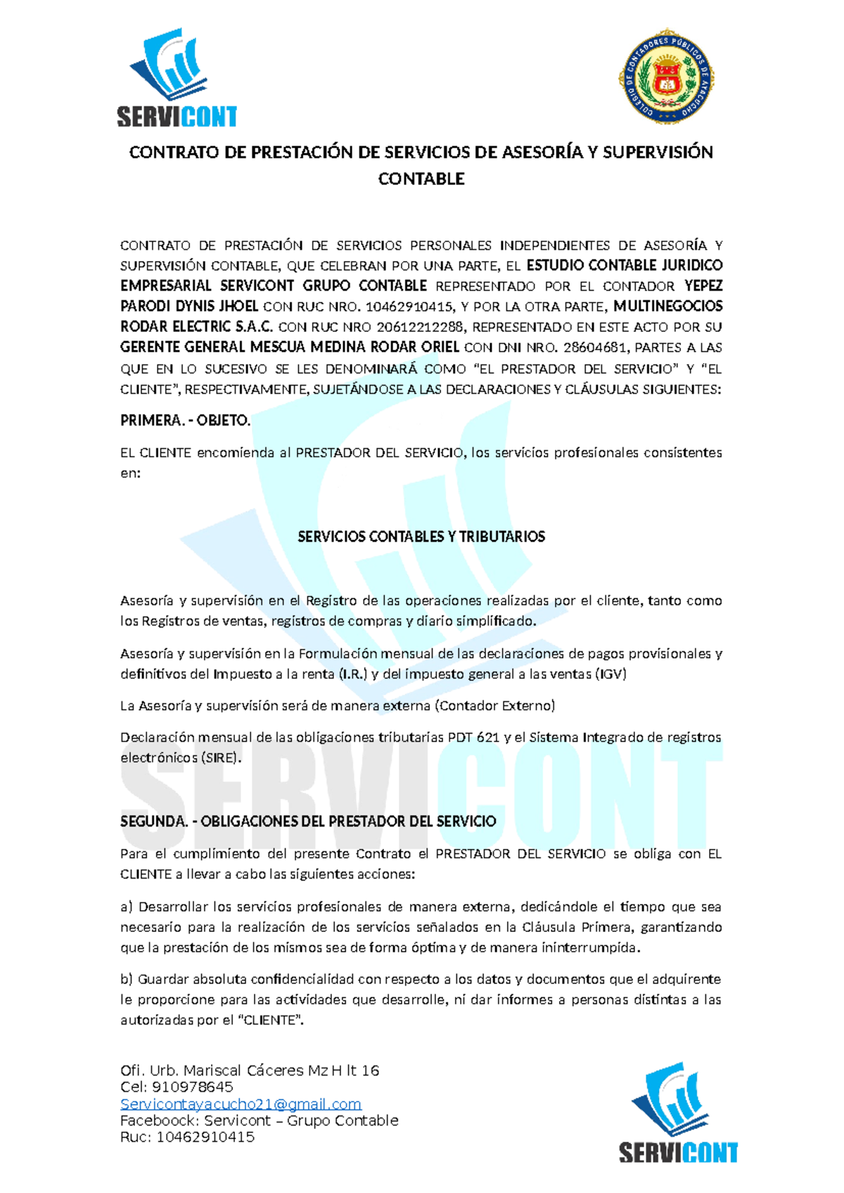 Contrato de Servicios Contables y Tributarios - Asesoría y Supervisión ...