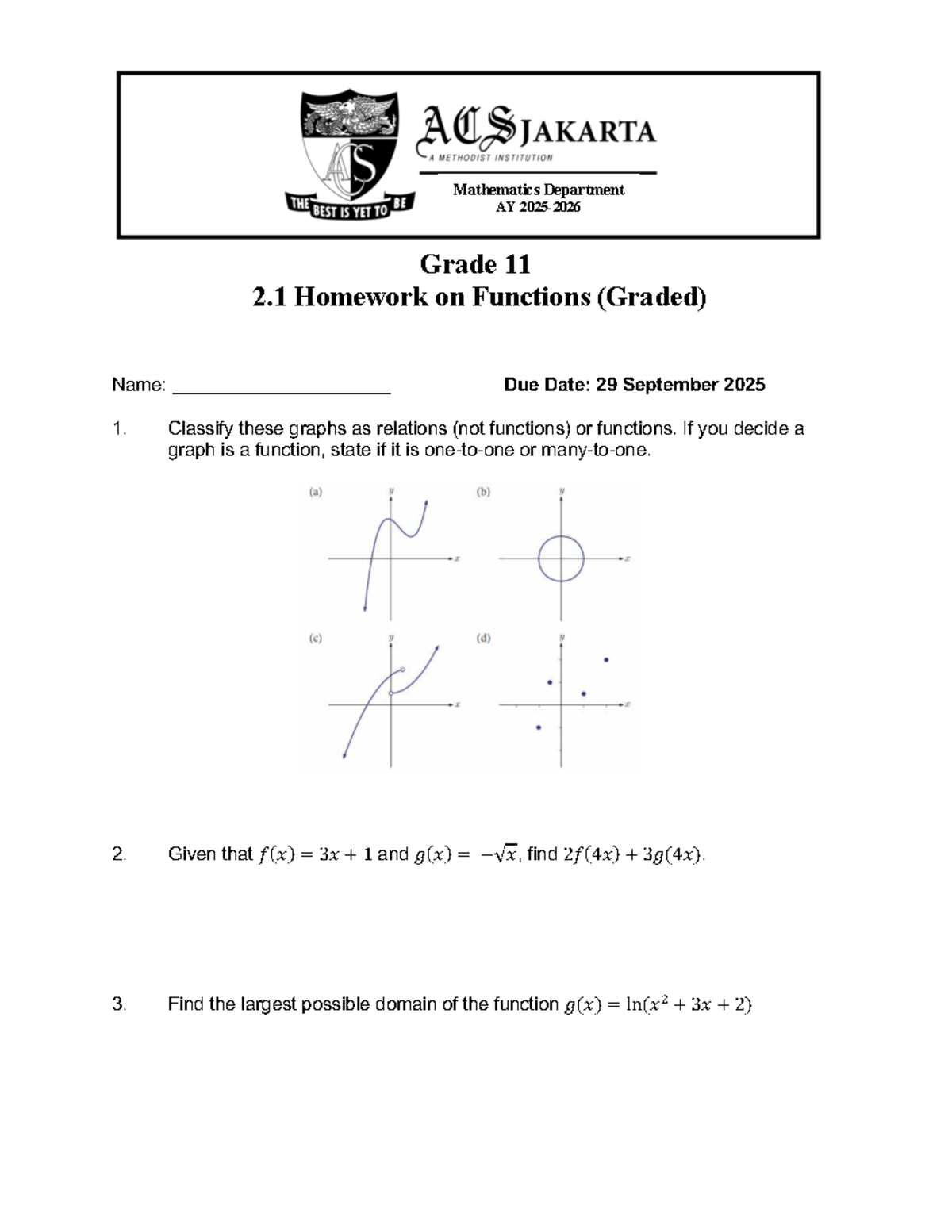 Grade 11 Math 2.1 Homework on Functions (Graded) - Studocu