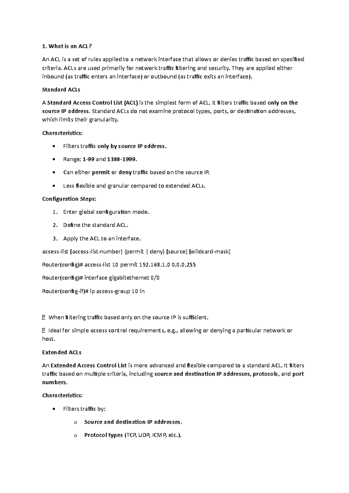 ACL - Summary of Standard and Extended Access Control Lists - Studocu