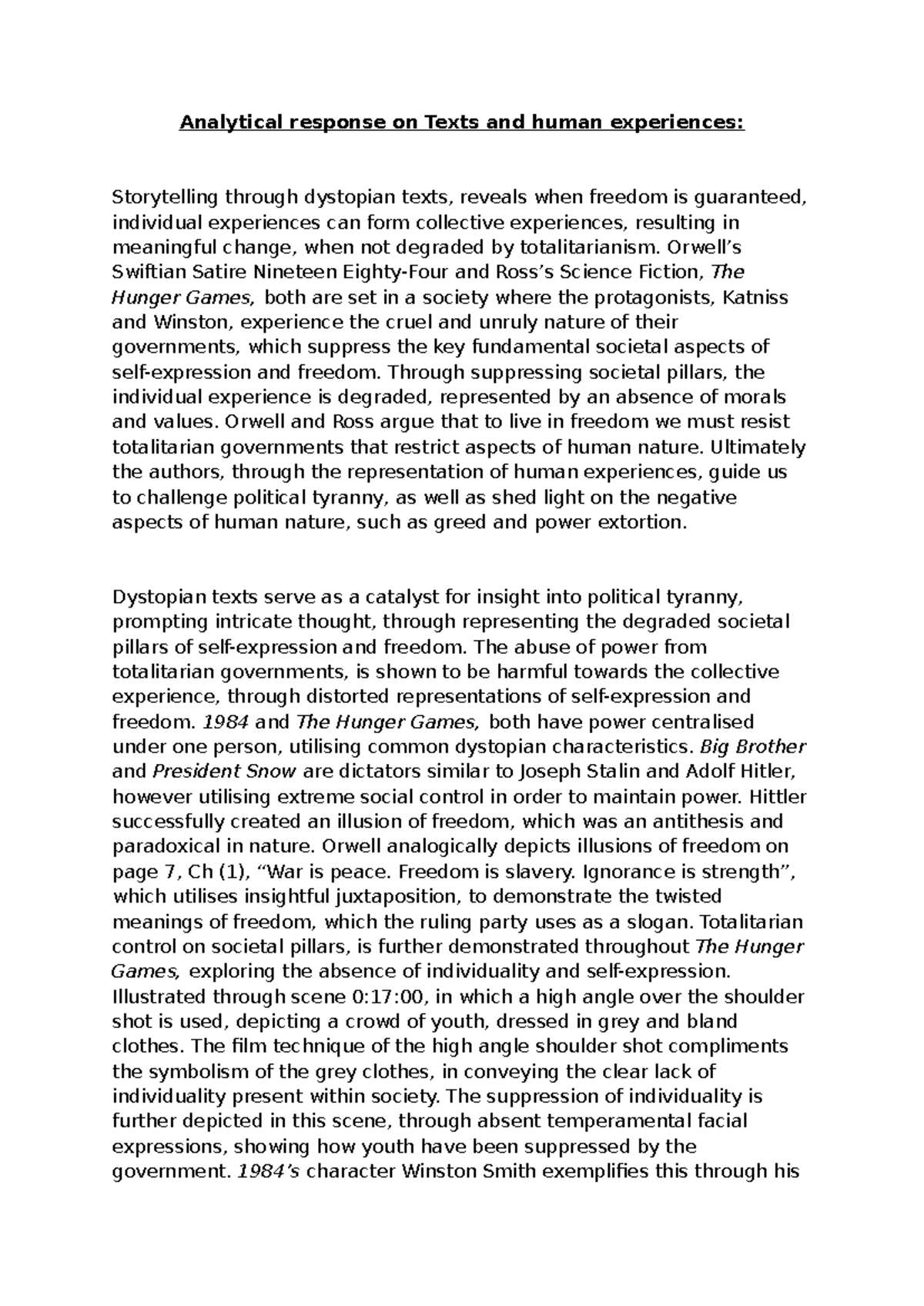 Analytical response on Texts and human experiences final - Analytical ...