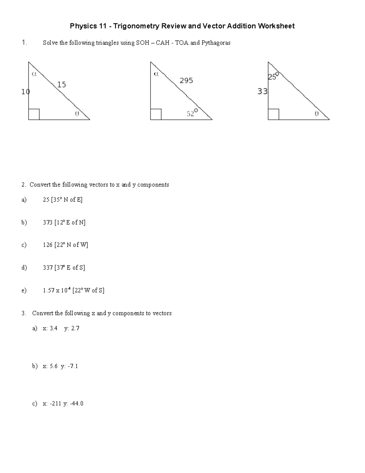Physics 11: 2-D Vectors Practice Worksheet - Studocu