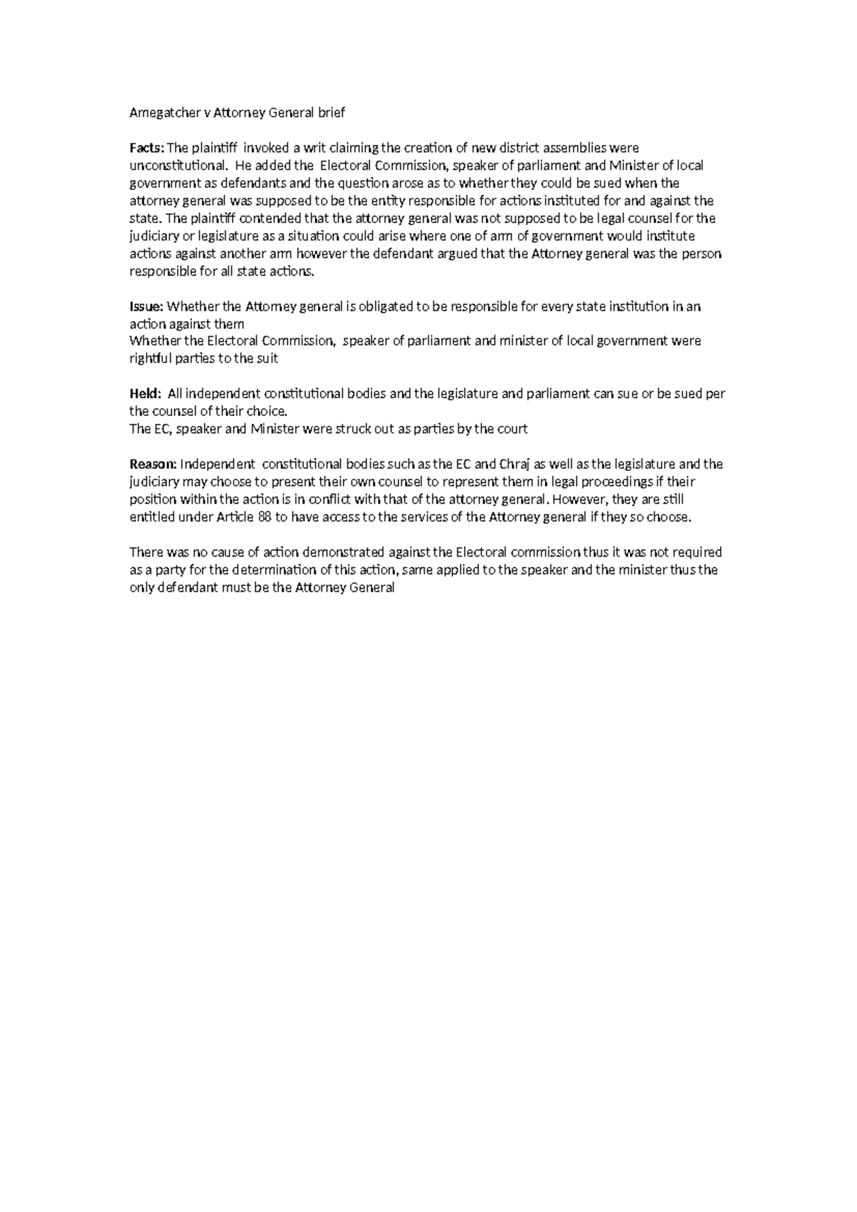 Amegatcher v Attorney General Case Brief Analysis - Studocu