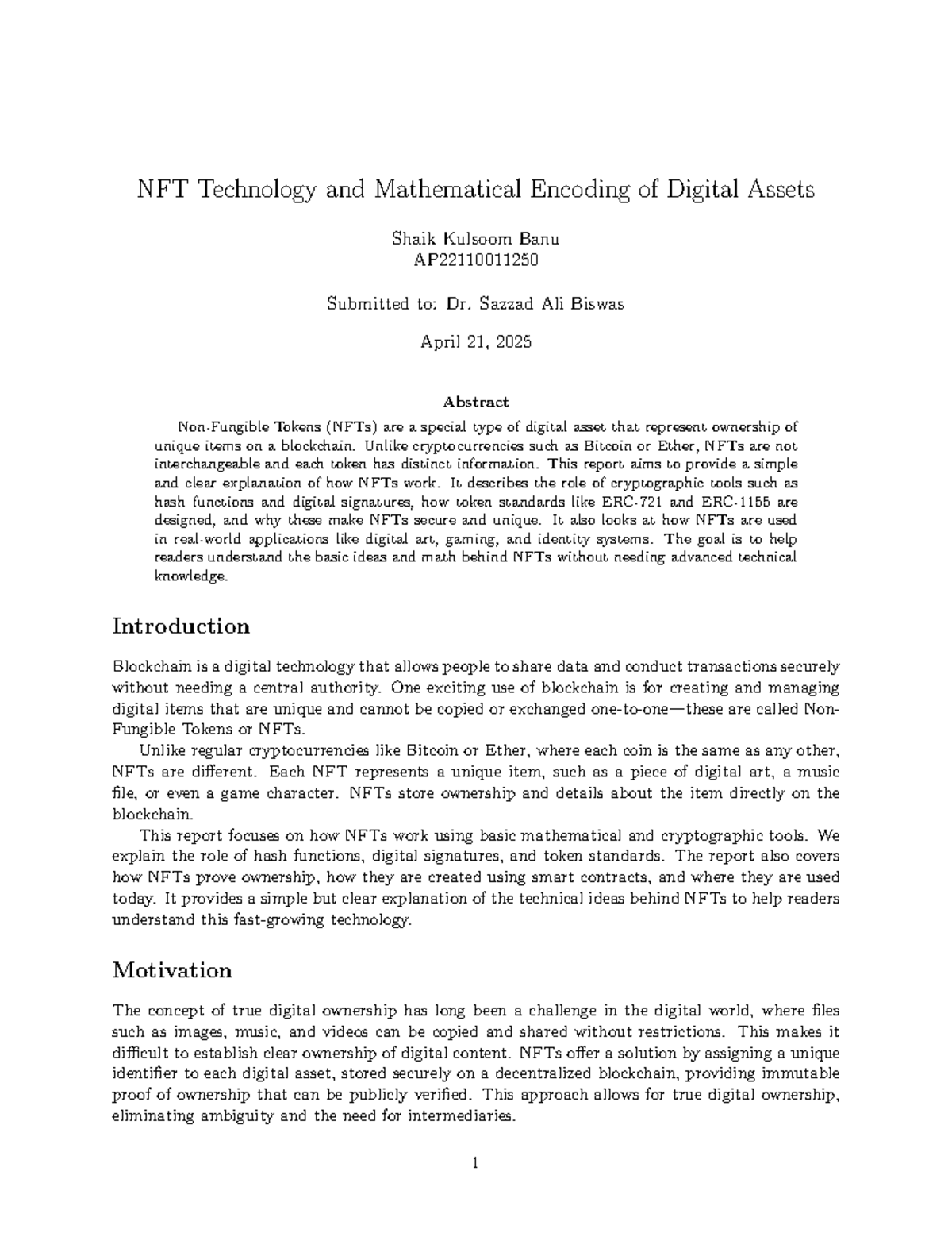 NFT Technology: Mathematical Encoding of Digital Assets (AP22110011250 ...