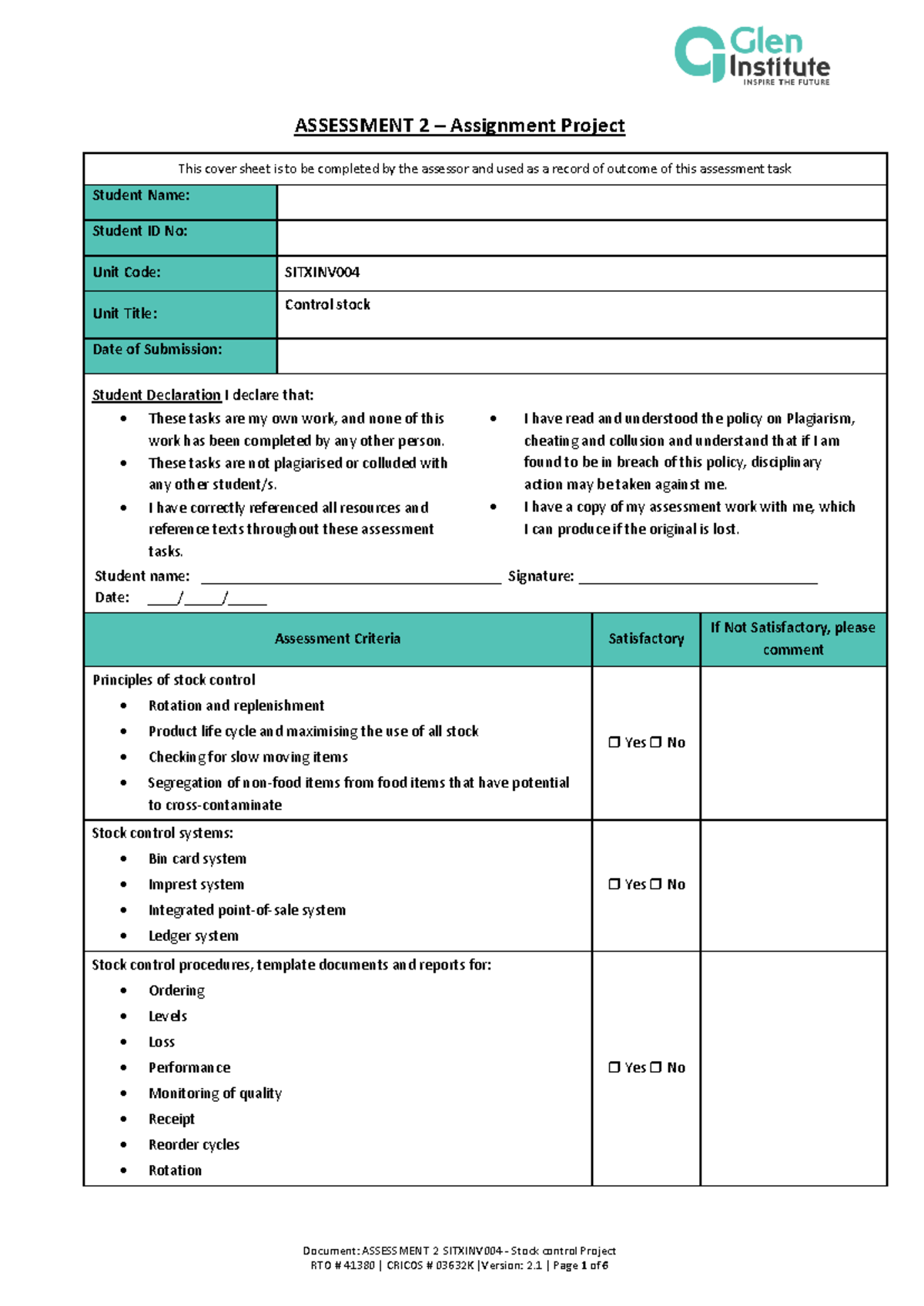 Assessment 2 SITXINV004 - Stock Control Project Overview and Guidelines ...