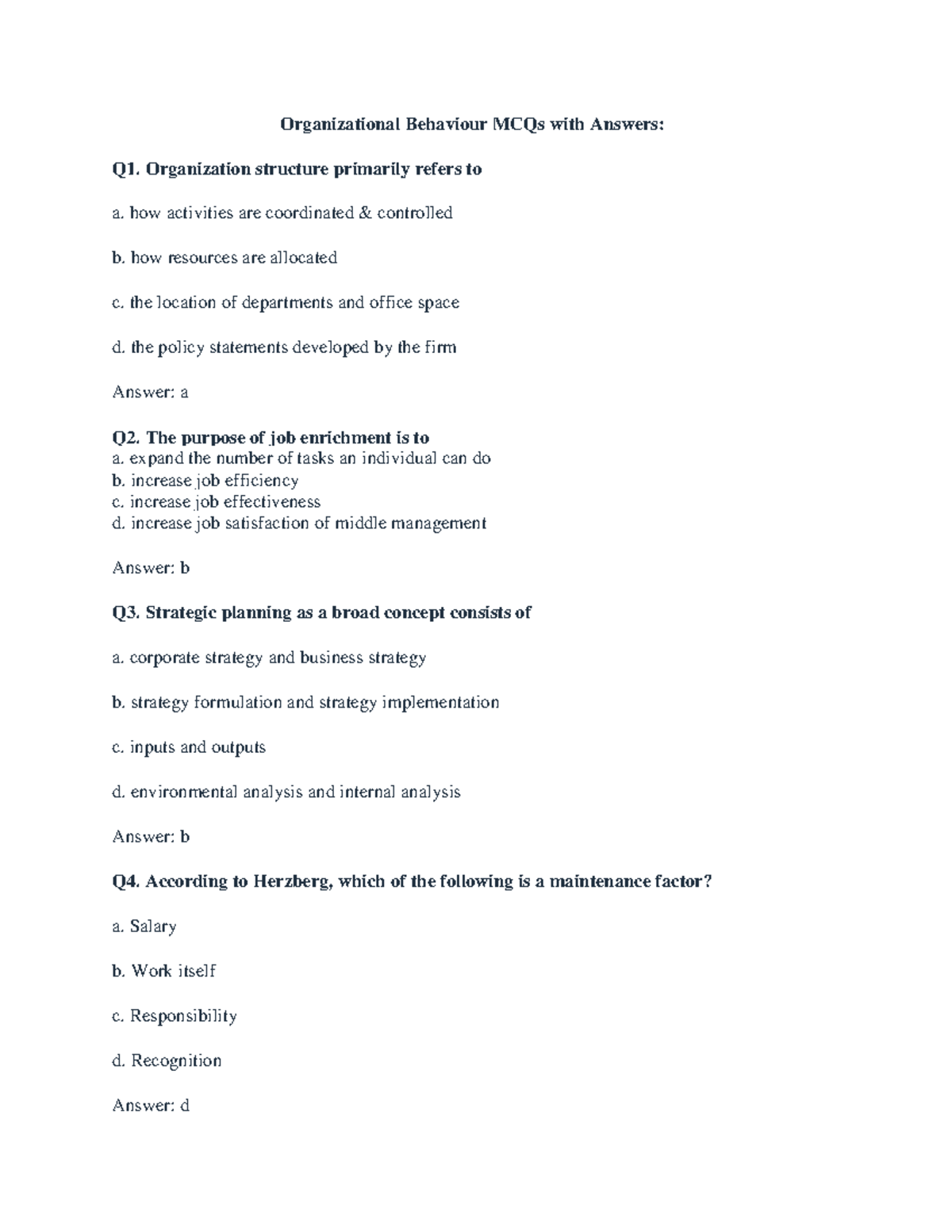 OB - MCQ Study Guide: Organizational Behaviour Questions and Answers ...