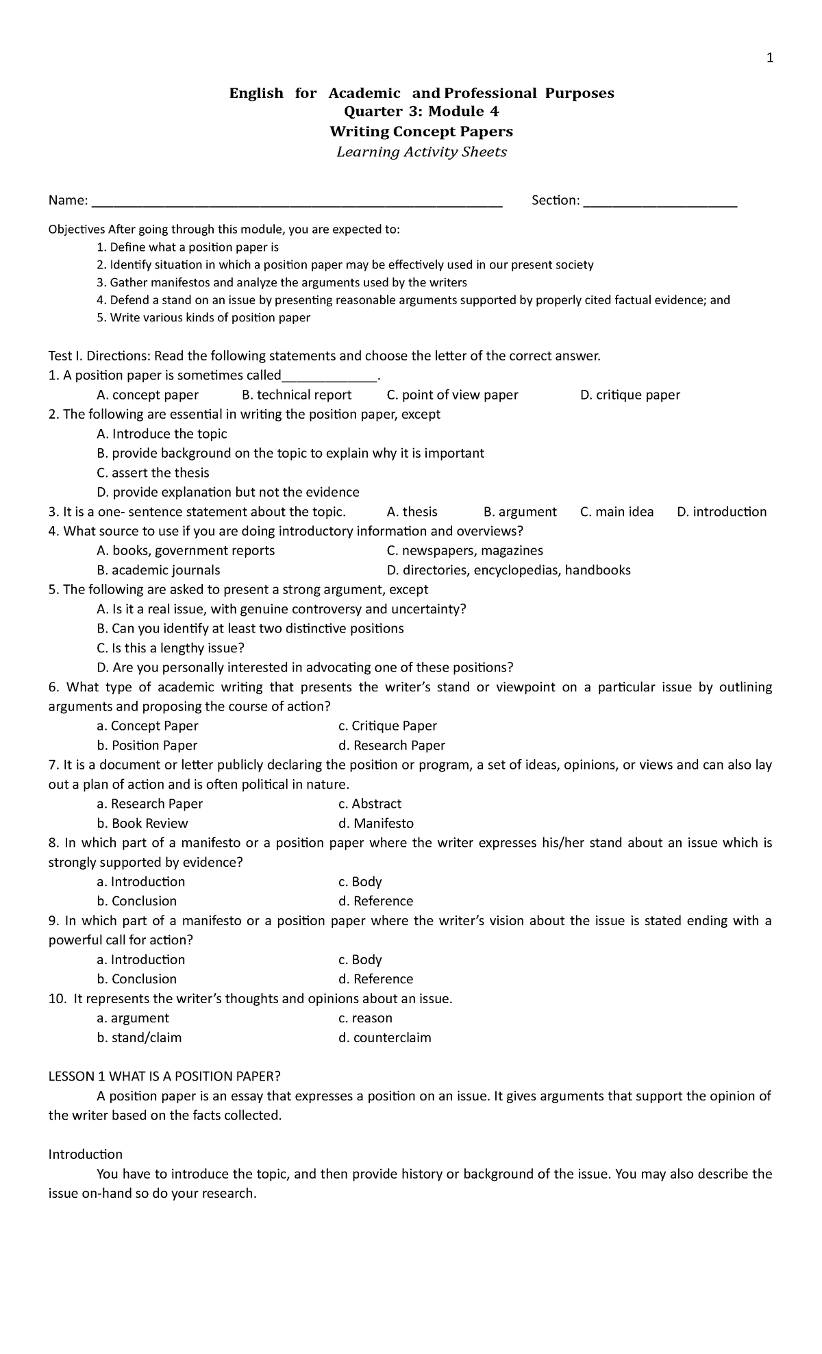 Module 5: Writing a Position Paper in Academic English - Studocu