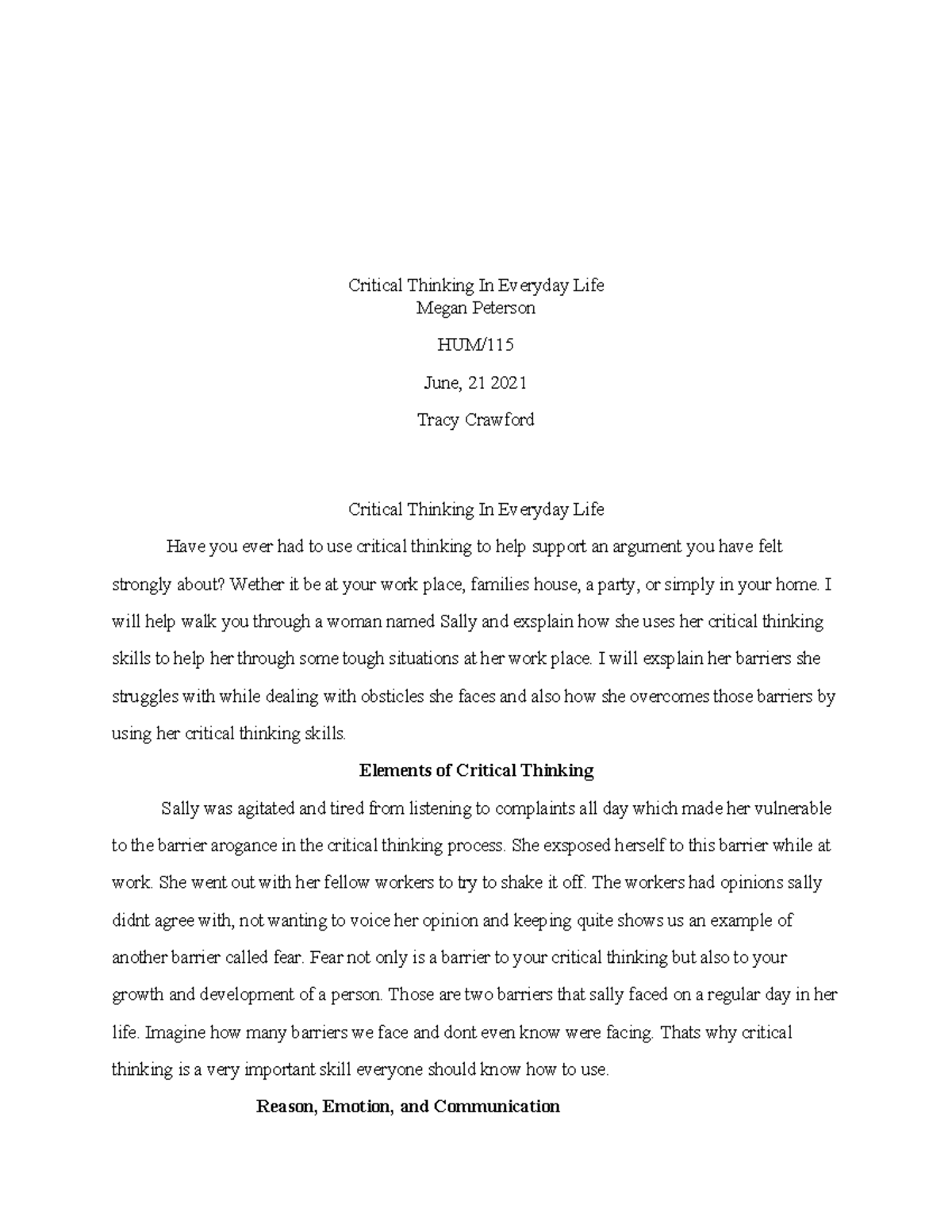 Megan+week+5+HUM115 v9 wk5 Reflection Template - Critical Thinking In ...