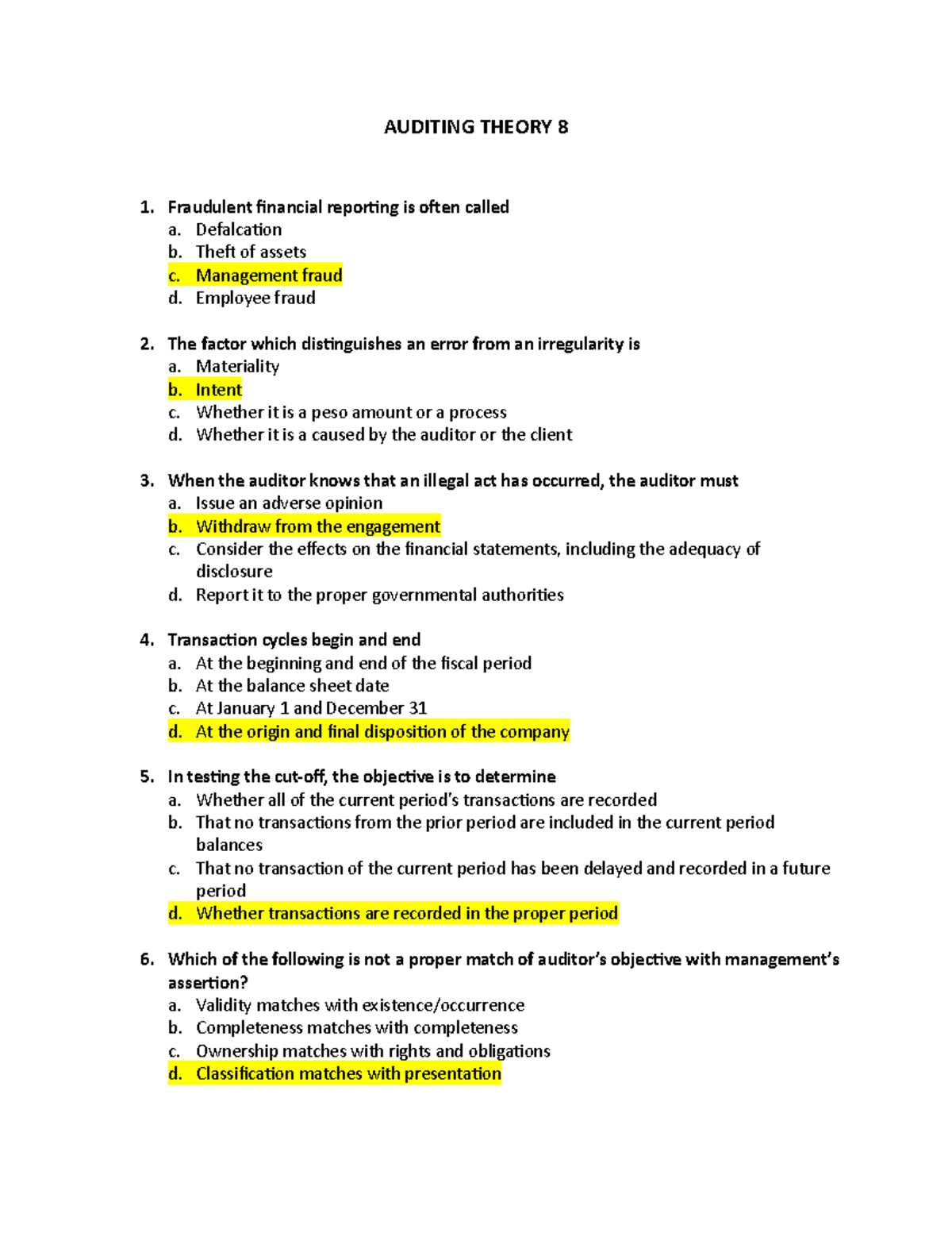Auditing Theory 8 - Multiple Choice Questions Study Guide - Studocu