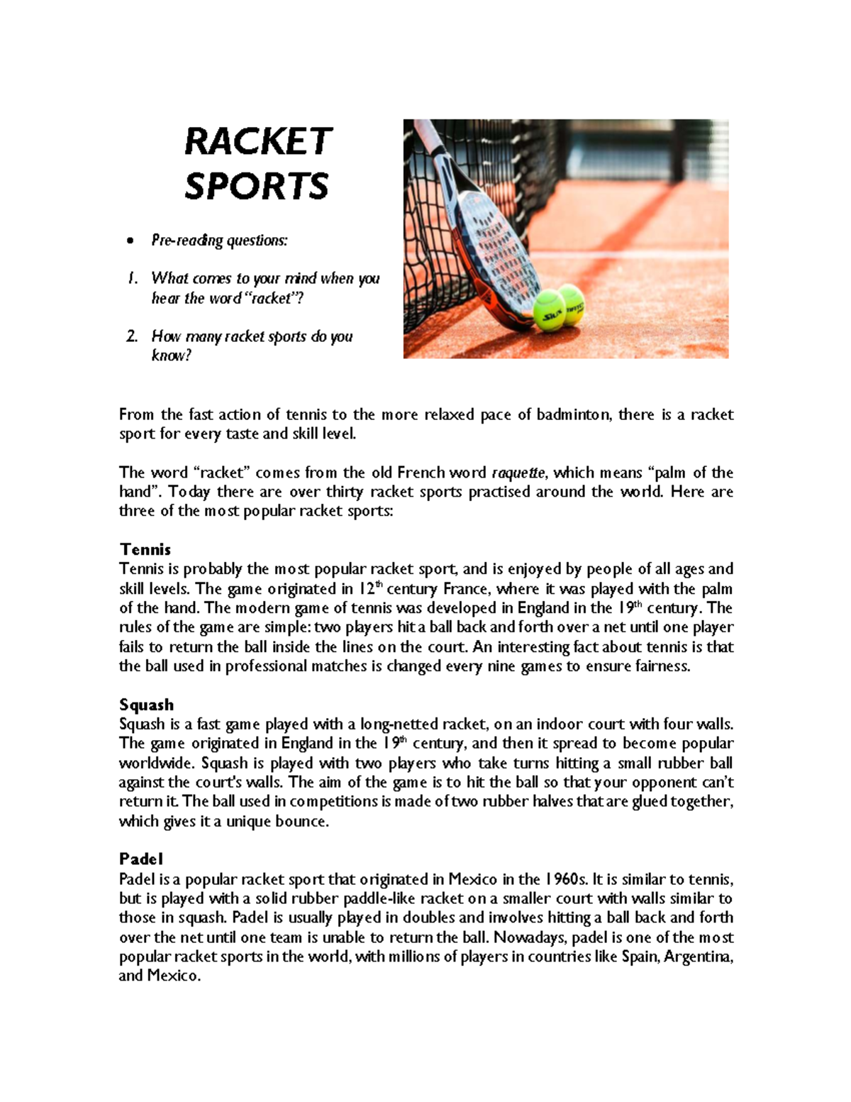 RACKET SPORTS Overview: Tennis, Squash, and Padel Insights - Studocu
