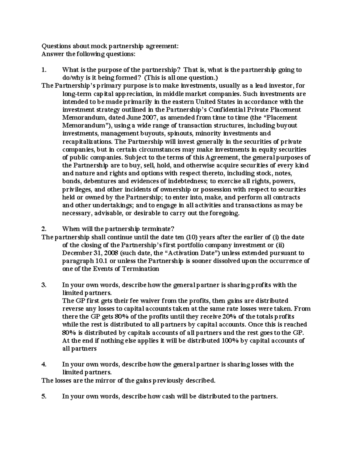 Pship Agreement Questions - Questions about mock partnership agreement ...