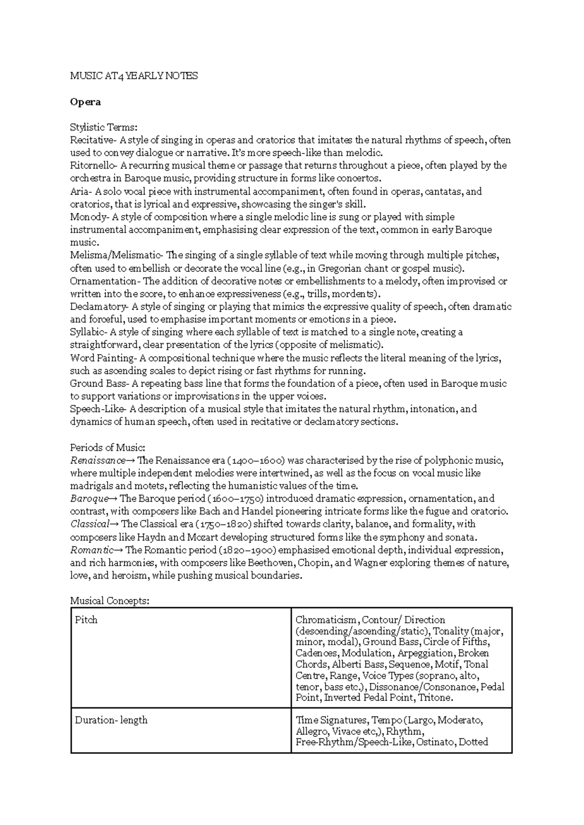 Music AT4 Yearly Notes: Key Concepts and Opera Analysis - Studocu