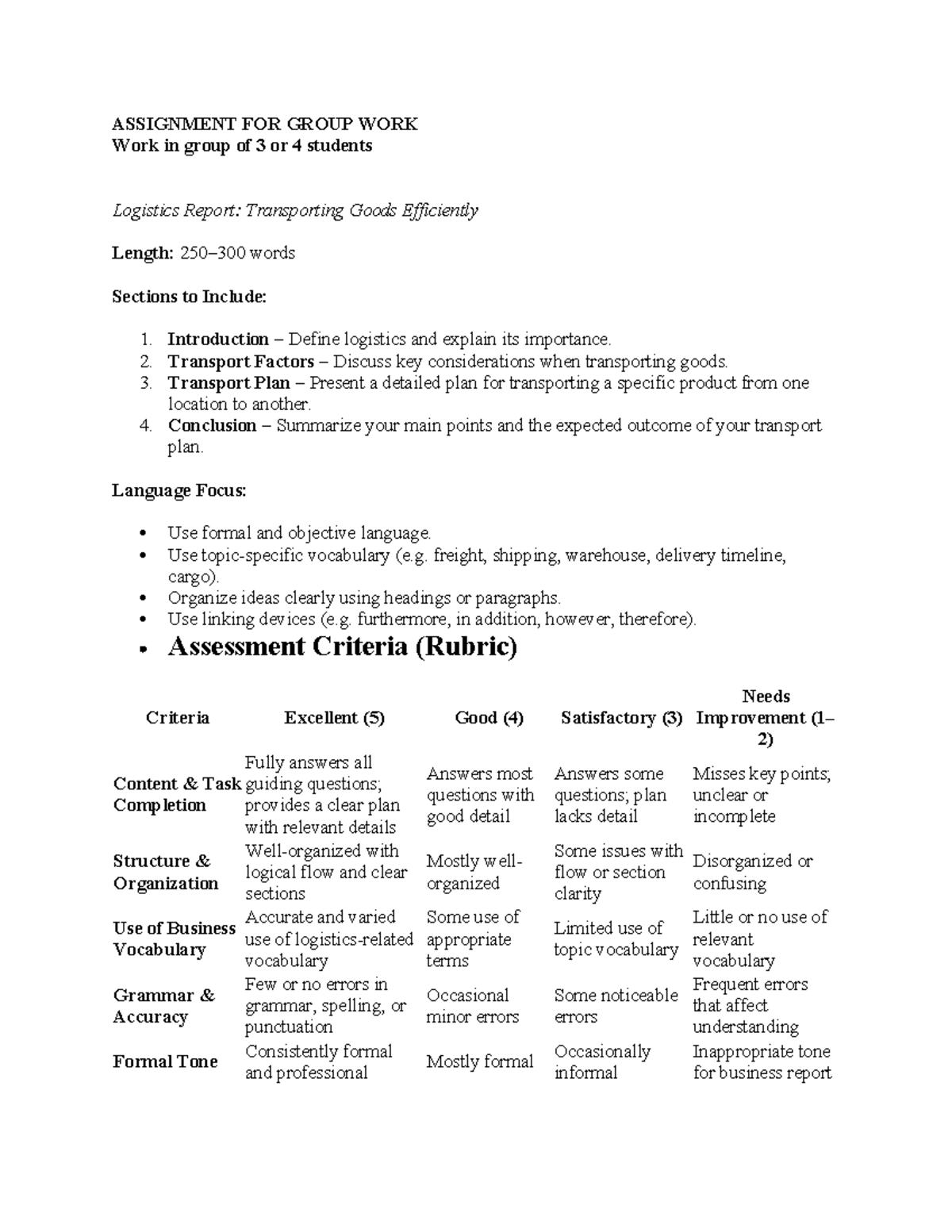 LOG 101: Group Assignment on Efficient Transport Logistics Report - Studocu
